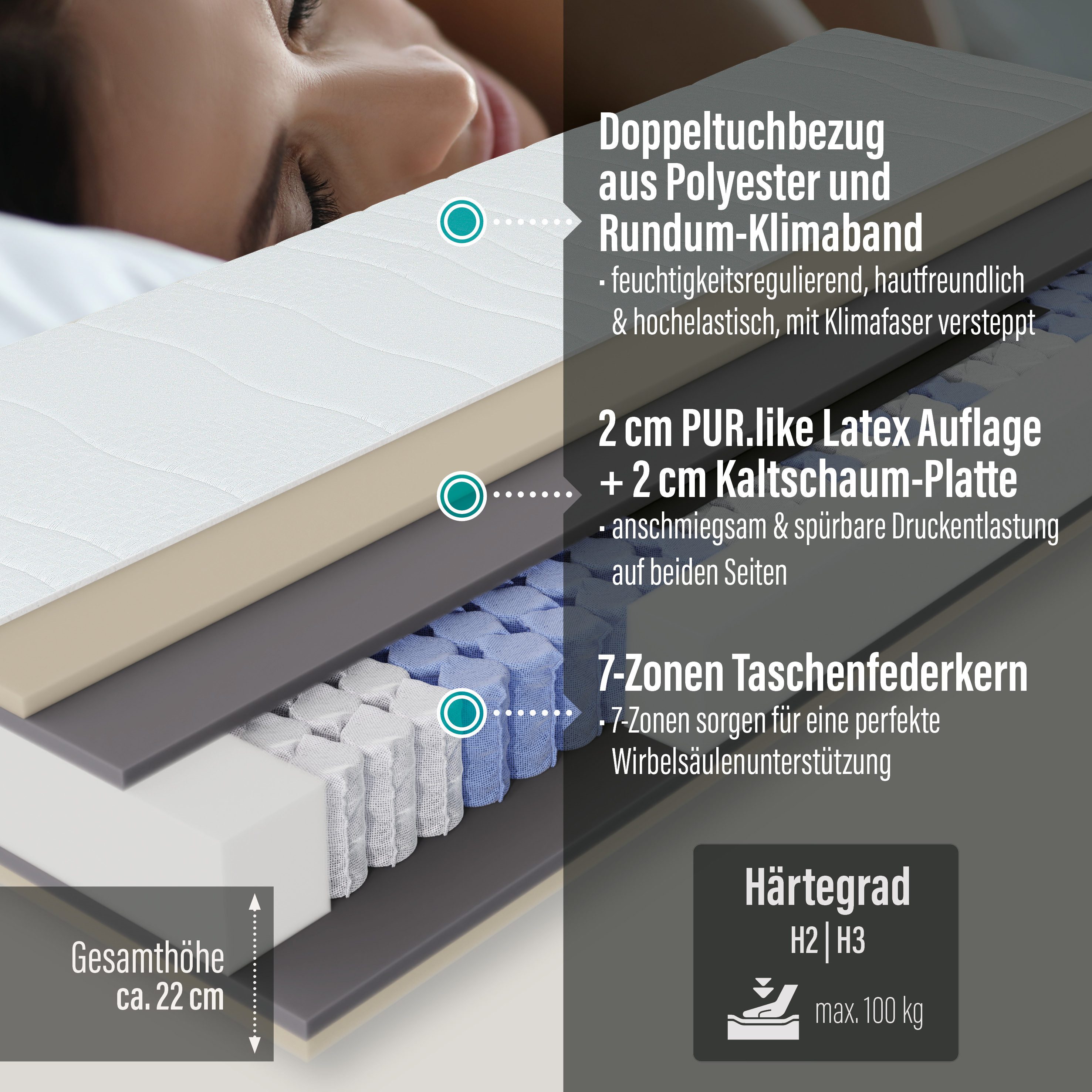 Taschenfederkernmatratze Feel Like Latex TWIN - GOLD, Matratze 90x200 cm, 140x200 cm und mehr, Beco, 22 cm hoch, Premium-Hybridmatratze für besten Schlafkomfort – Bild 2 von 5