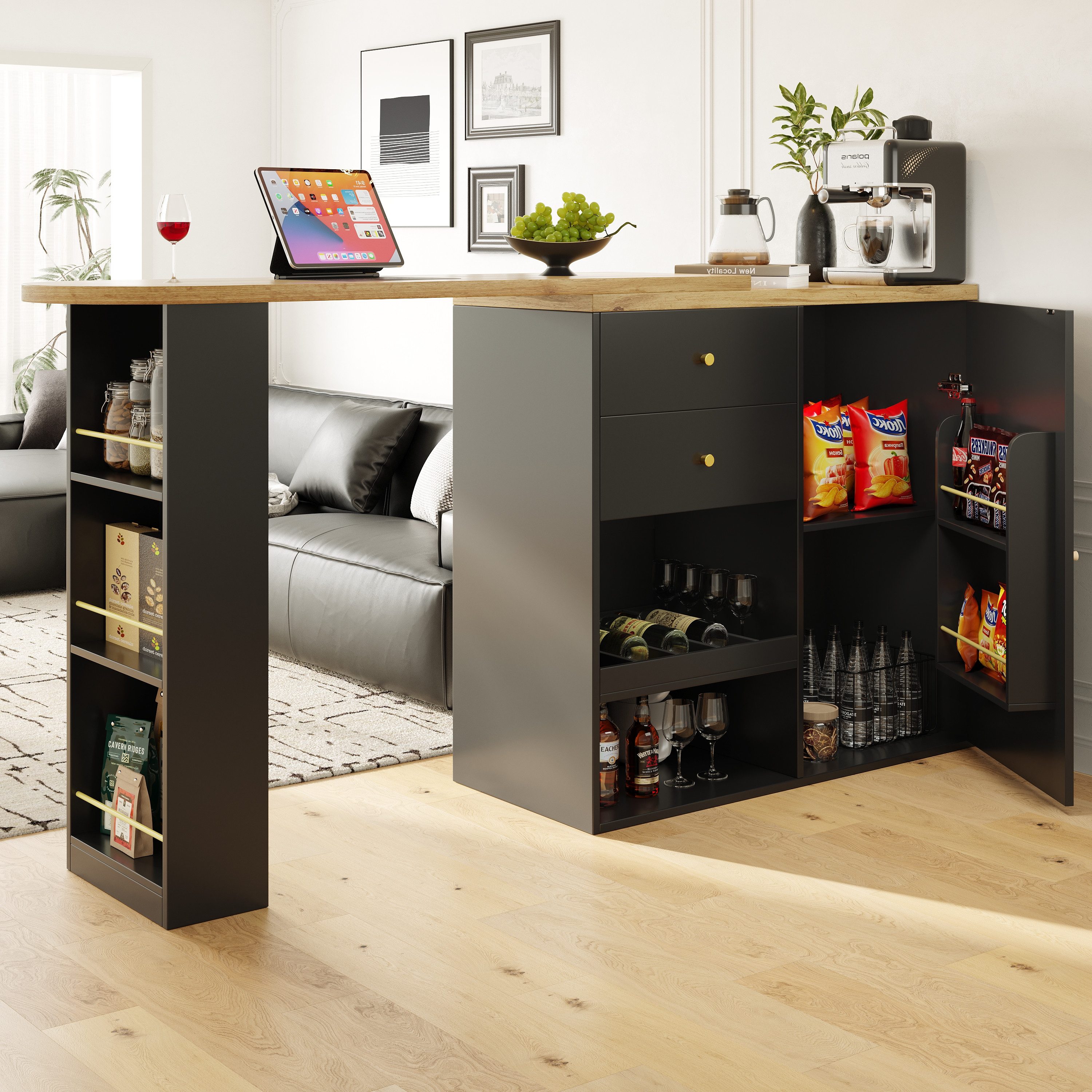 STILVORA Bartisch Bartisch 360° drehbar,Buffetschrank mit 2 Schubladen,Schiebetür®al (drehbar Sideboard, Esstisch, 2 Schubladen, 1 Tür und offene Fächer), 360° drehbare Essbar mit Schubladen und offener Stauraum