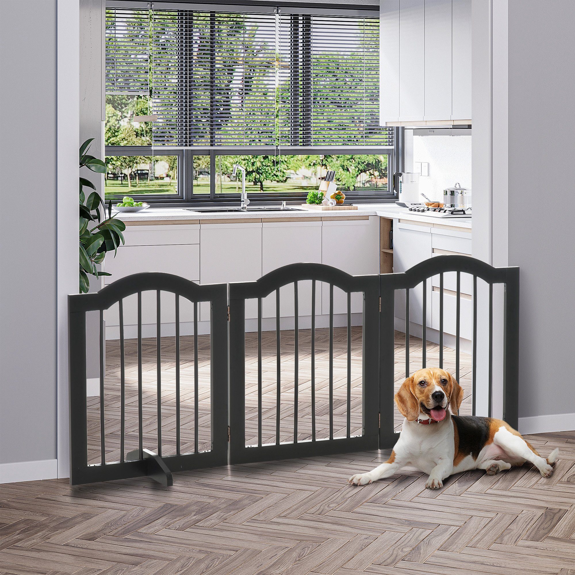 PawHut Hundegitter 3-teilig, 154,5 x 61 cm, faltbar, mit Tür, 2 Stützfüßen (Absperrgitter, 1 St., Absperrgitter), für Küche, Flur, Schwarz