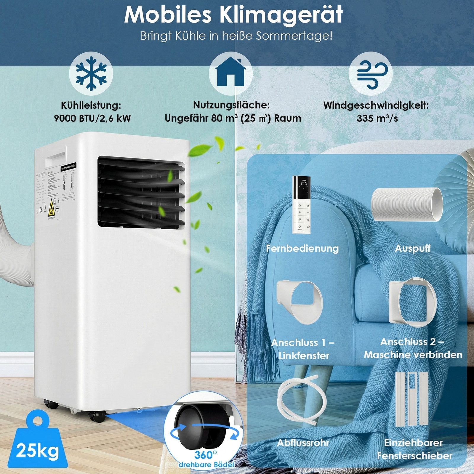 TLGREEN 4-in-1-Klimagerät Mobile Klimaanlage 9000 BTU 2,6kW, Energieklasse A, Umweltfreundliches R290-Kältemittel, Für Räume Bis 25