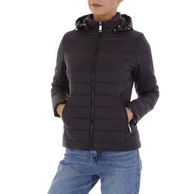 Ital-Design Steppjacke Damen Freizeit (82066472) Kapuze (abnehmbar) Geblümt Beidseitig Tragbar Übergangsjack in Schwarz