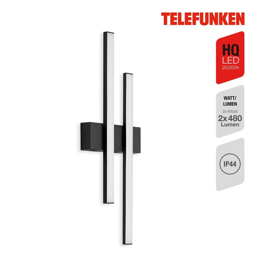 Telefunken Außen-Wandleuchte 313005TF, LED fest integriert, 2700K - Extra-Warmweiß, 2-flammig, flaches-Stab Design, Neutralweiß 4000K, IP44, schwarz