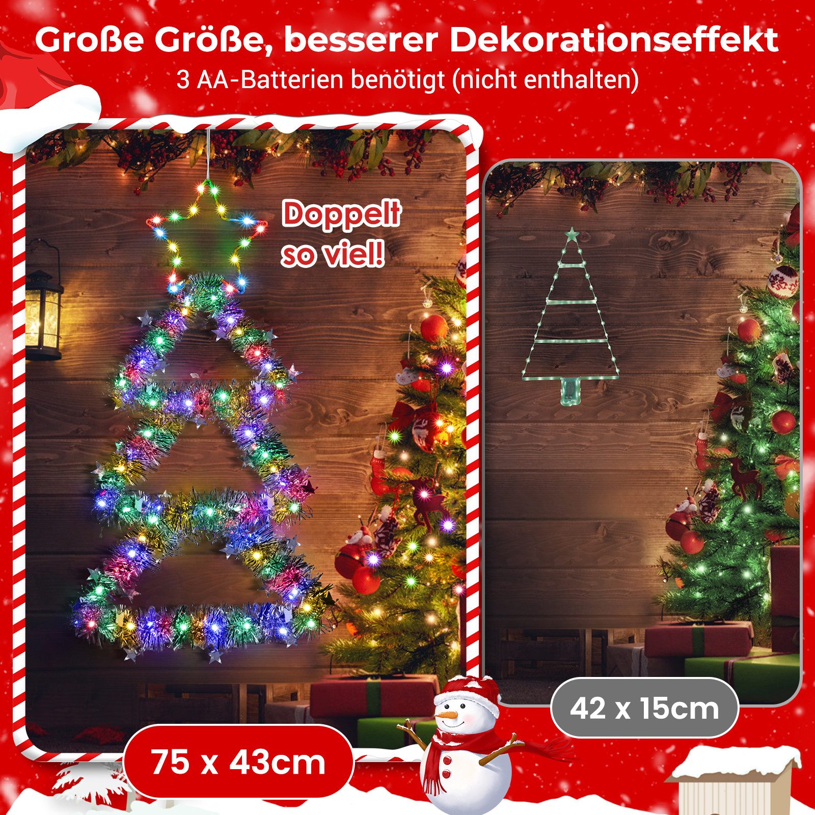Quntis LED-Lichterkette LED Dekolicht Weihnachtsbaum Weihnachtsdeko 75 x 43CM mit 143/110 LEDs, Weihnachtsbeleuchtung Fenster für Innen/Außen, Timer Speicherfun – Bild 4 von 5