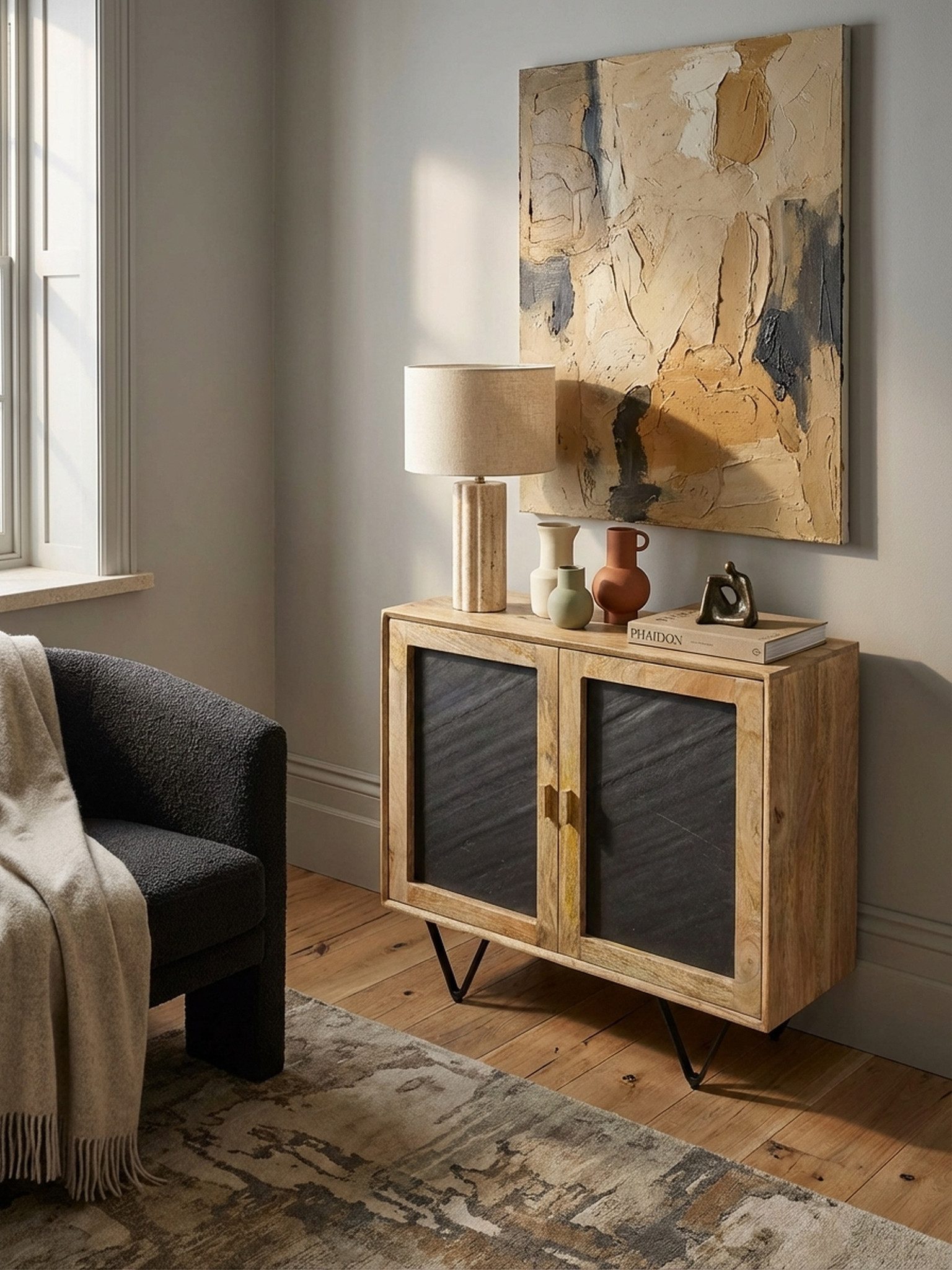 KADIMA DESIGN Kommode Sideboard 80x75x35 cm Mango Massivholz / Stein-Optik Anrichte Braun, (Standschrank Mehrzweckkommode mit Metallgestell), Kommode mit 2 Türen, Kleiner Kommodenschrank Holz Massiv