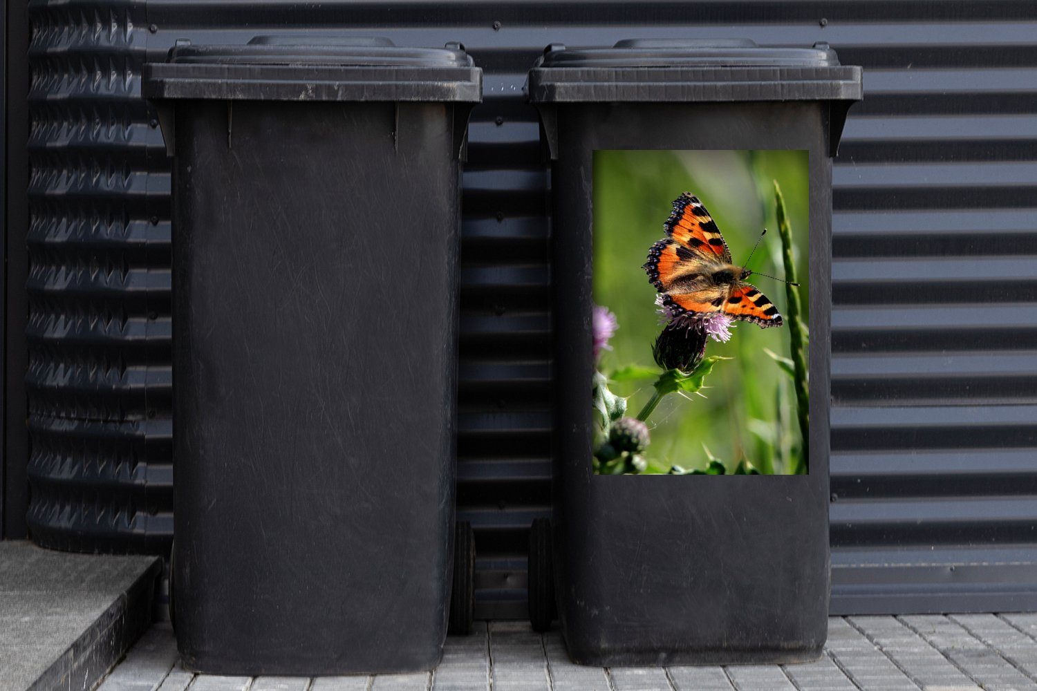Container, Mülleimer-aufkleber, St), Abfalbehälter - Wandsticker Sticker, (1 Schmetterling MuchoWow Blumen Orange - Mülltonne,
