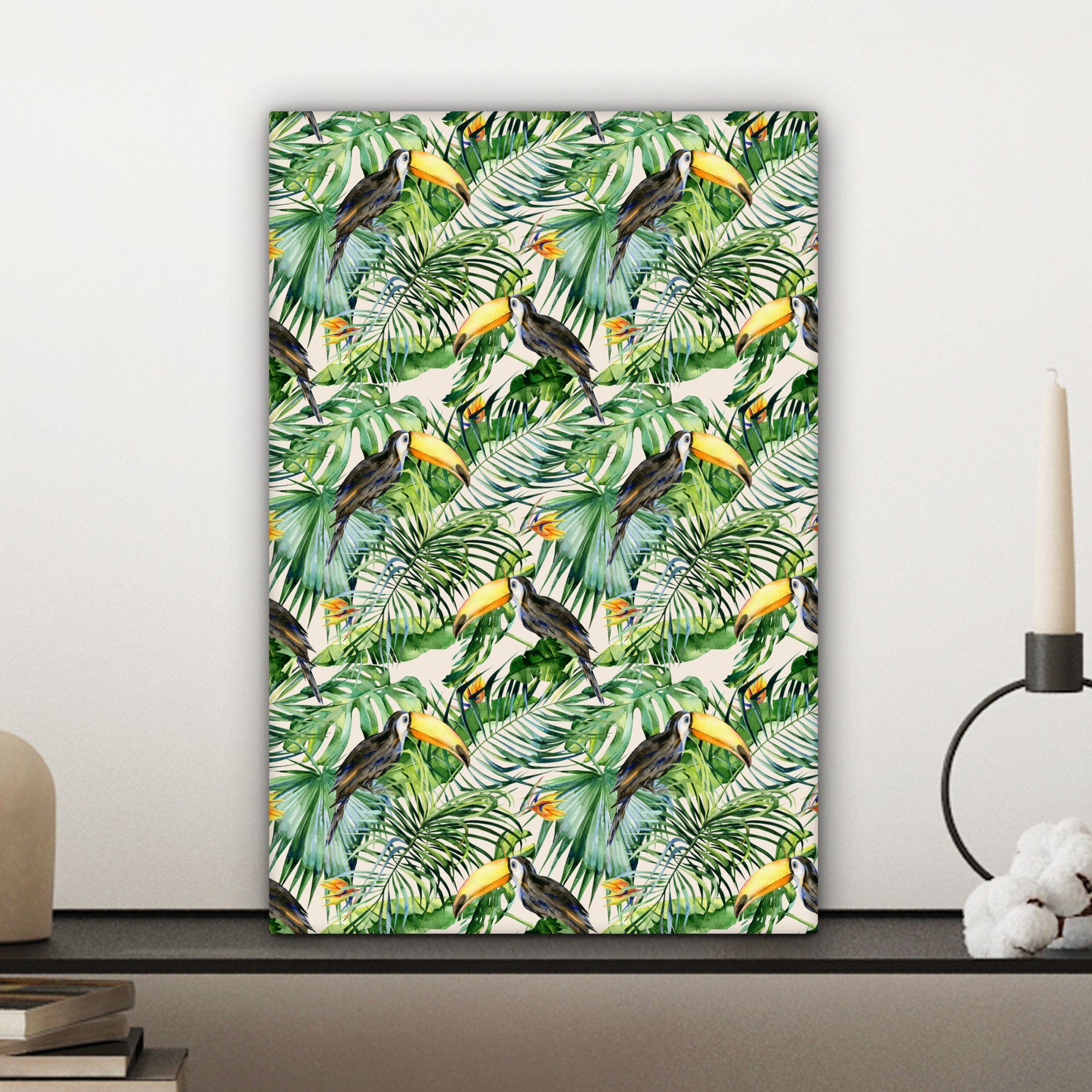Leinwandbild Leinwandbild (1 Zackenaufhänger, Gemälde, OneMillionCanvasses® - Tukan fertig 20x30 St), inkl. Vogel, Paradiesvogelpflanze - cm bespannt