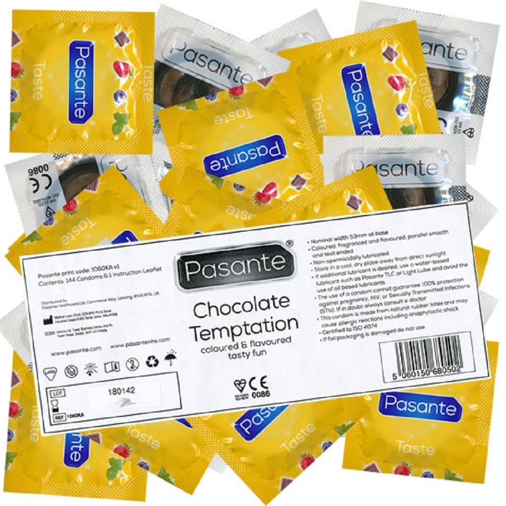 Pasante Kondome Pasante Vorratspackung, fruchtige Kondome mit Aroma Sorte: Chocolate, Kondome mit Schoko Geschmack, Kondome für Oralverkehr