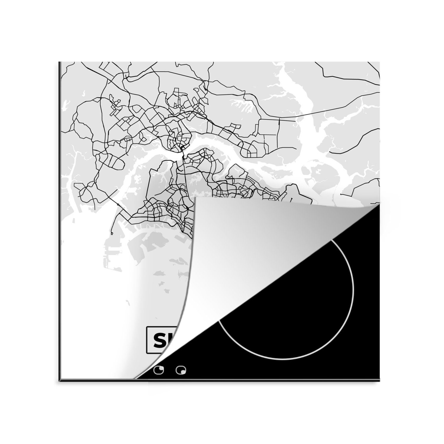 Karte tlg), Herdblende-/Abdeckplatte weiß 78x78 Ceranfeldabdeckung, - Stadtplan Vinyl, - MuchoWow Karte, Schwarz cm, (1 - für küche und Arbeitsplatte Singapur -