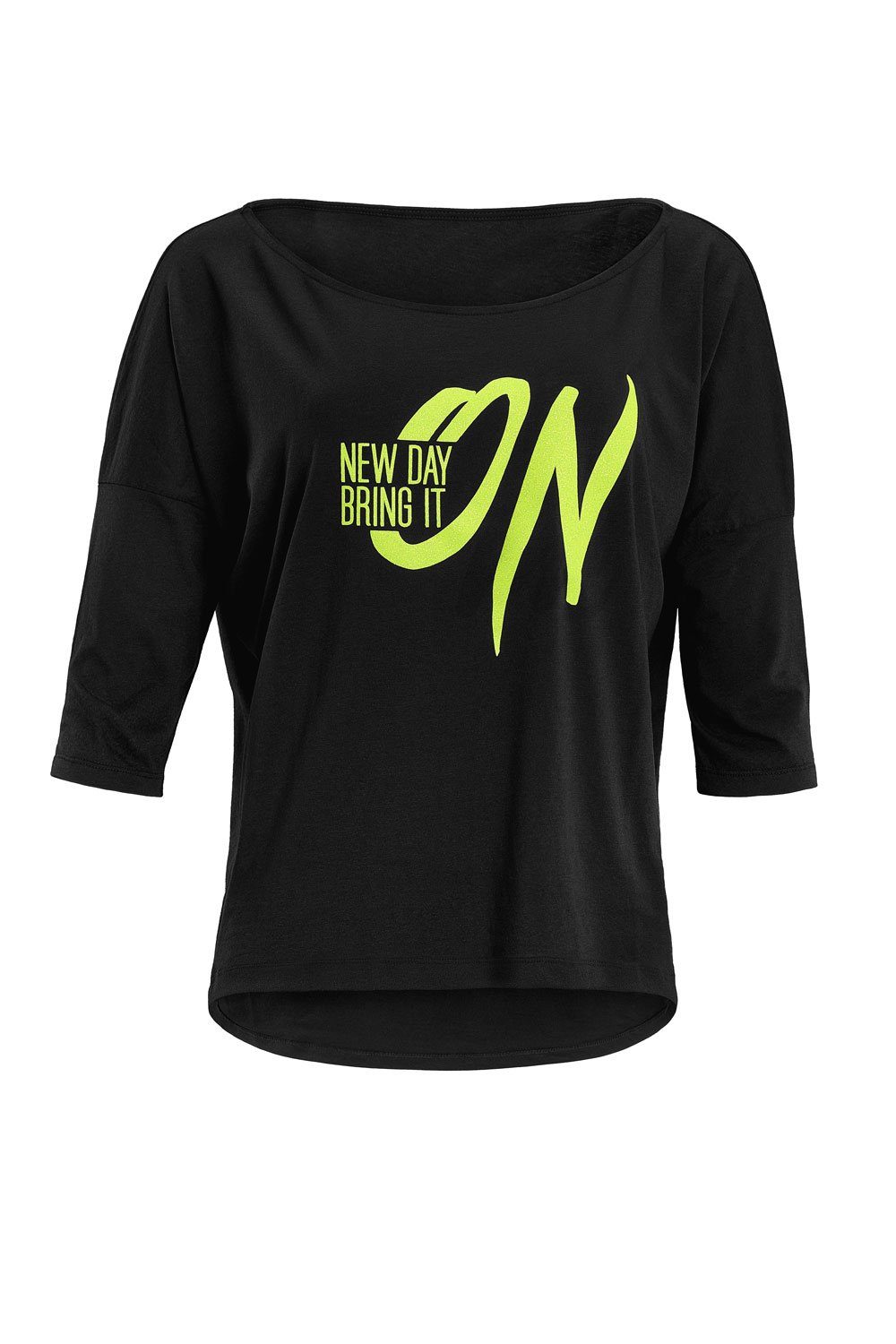 Neon gelbem Glitzer-Aufdruck 3/4-Arm-Shirt MCS001 mit ultra Winshape leicht