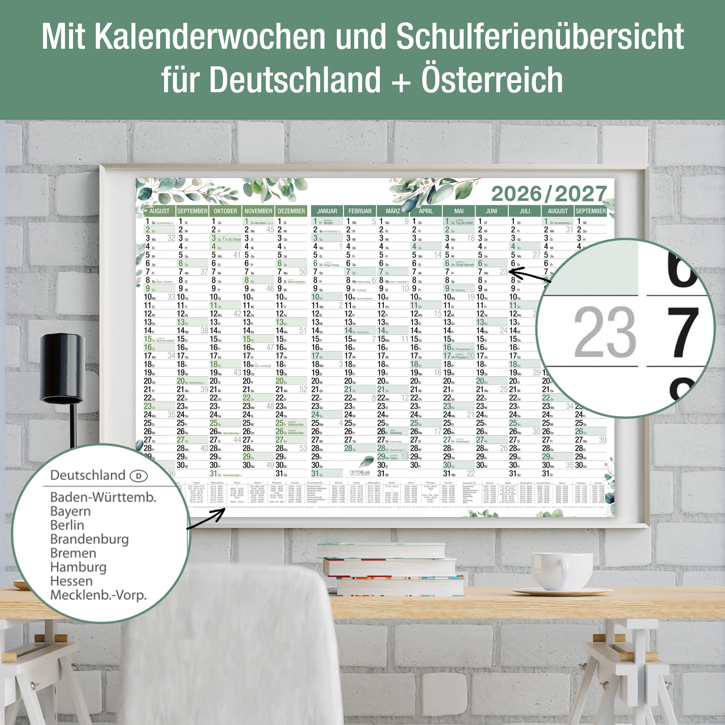 TOBJA Wandkalender Schuljahreskalender A1 2026/2027 "Eukalyptus" 14 Monate Jahresplaner, Wandkalender, Jahresplaner Ferien & Feiertage DE/AT – Bild 5 von 5