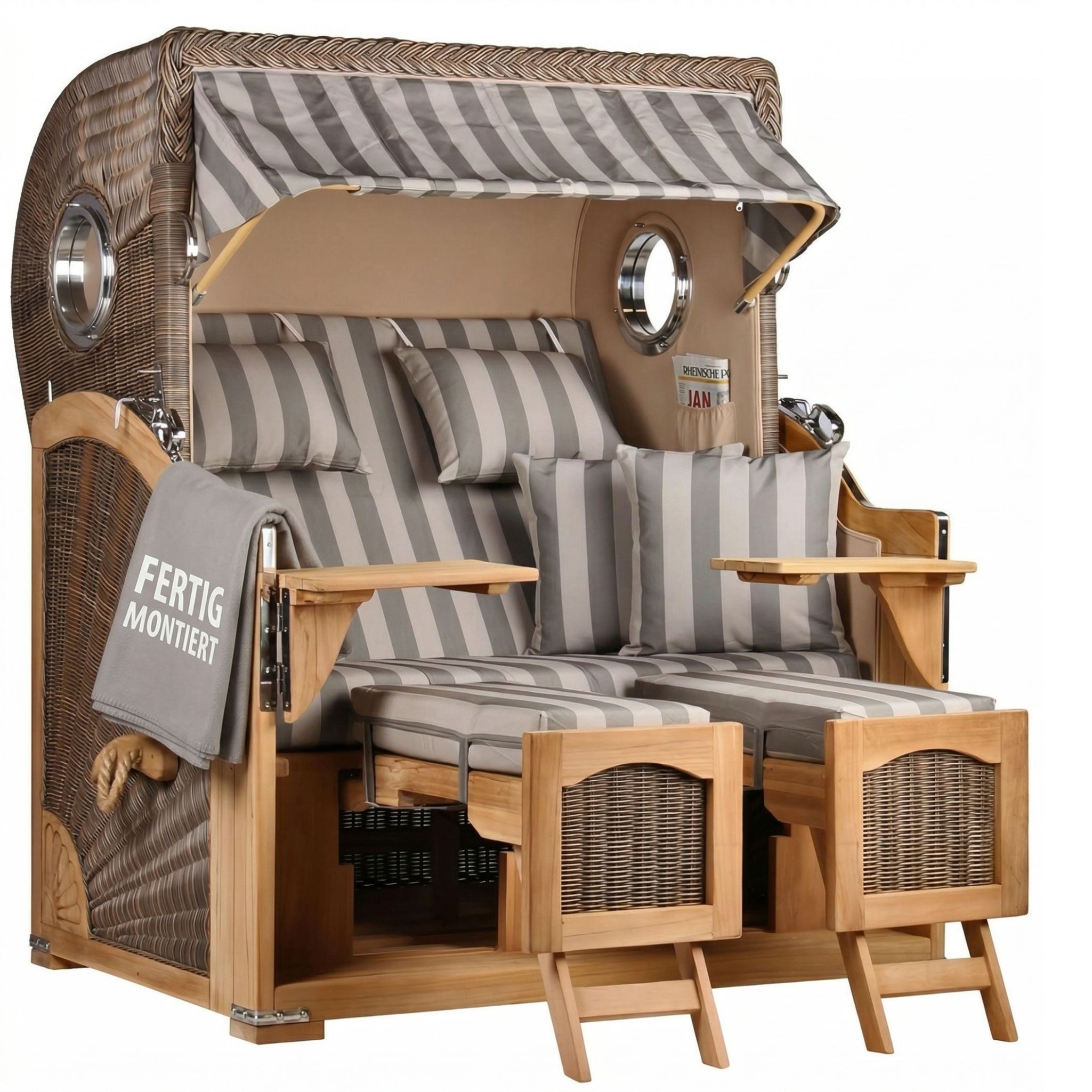 MR.DEKO Strandkorb Düne 2-Sitzer Teak Bullauge wetterfest PE-Geflecht grey, BxTxH: 125x80x170 cm, Düne, Düne, (Fertig montierter Strandkorb für Garten, Terrasse & Balkon), Wetterfester Volllieger mit Edelstahlbeschlägen & waschbaren Polstern