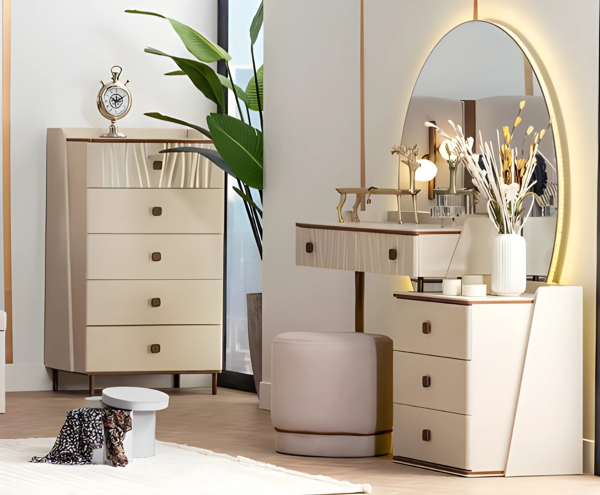 JVmoebel Schminktisch Beige Holz Konsole mit Puff für stilvolles Schminken (Kommode, Schminktisch, Spiegel, Puff), Made in Europa