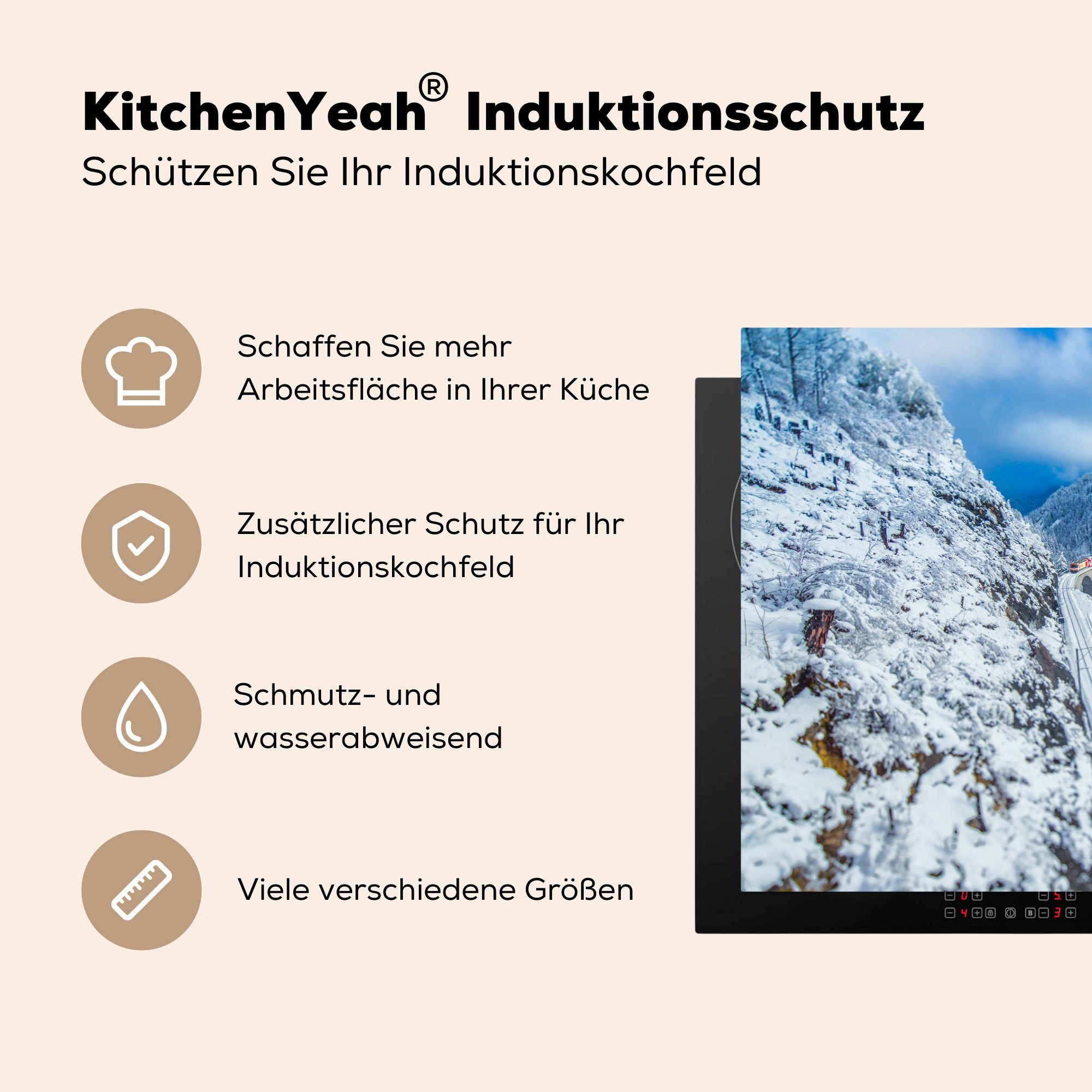 (1 Winterlandschaft küche, Schweiz, der Zug Herdblende-/Abdeckplatte die Mit MuchoWow dem cm, 81x52 Ceranfeldabdeckung Schutz Vinyl, die tlg), durch Induktionskochfeld für