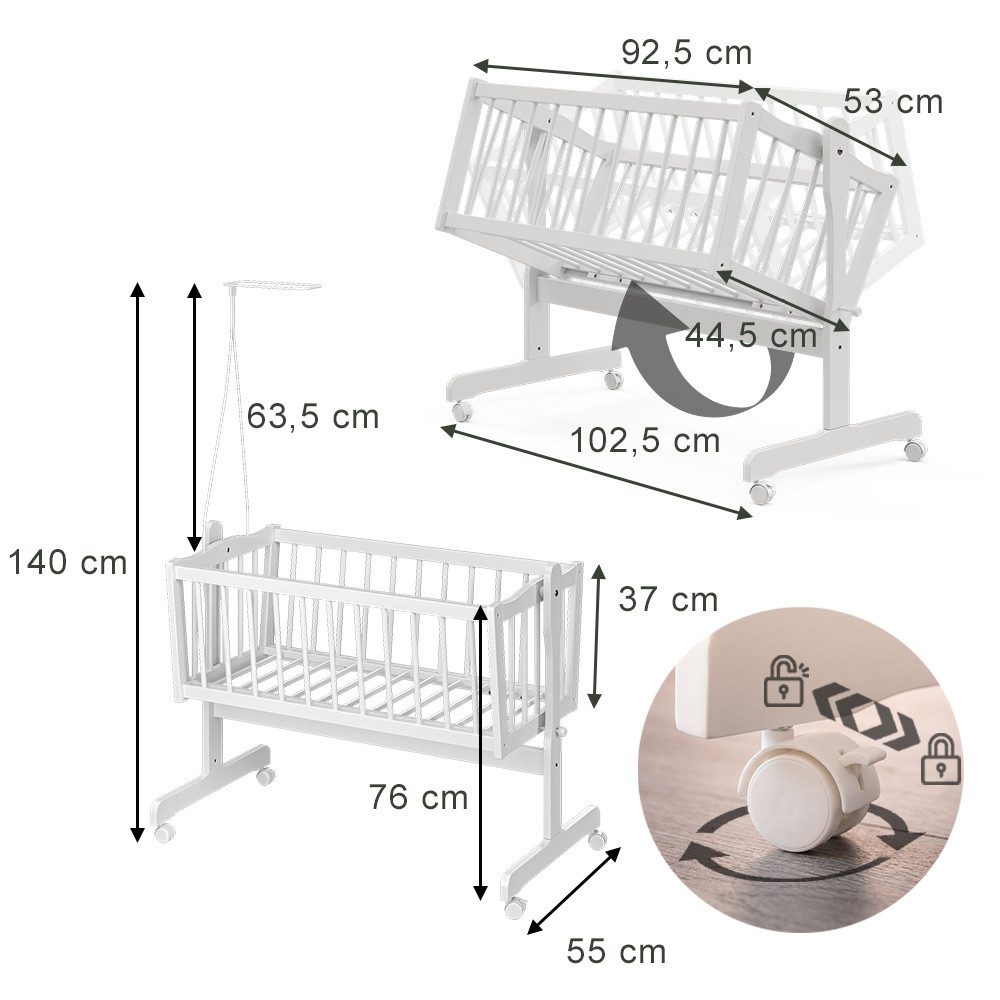 VitaliSpa® Babybett, Weiß, 40x90 mit Rollen, 1-tlg.