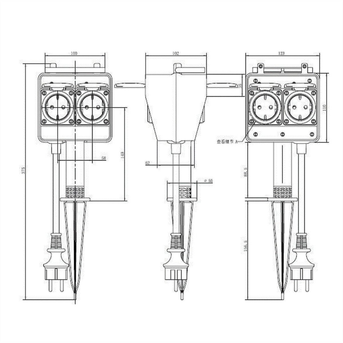 Bachmann Gartensteckdose mit Erdspieß Stromadapter Schutzkontakt, CEE 7/7, Typ-E/F zu Schutzkontakt, CEE 7/3, Typ-F, 2 cm, 4x CEE 7/3, IP44, Outdoor, 394.182