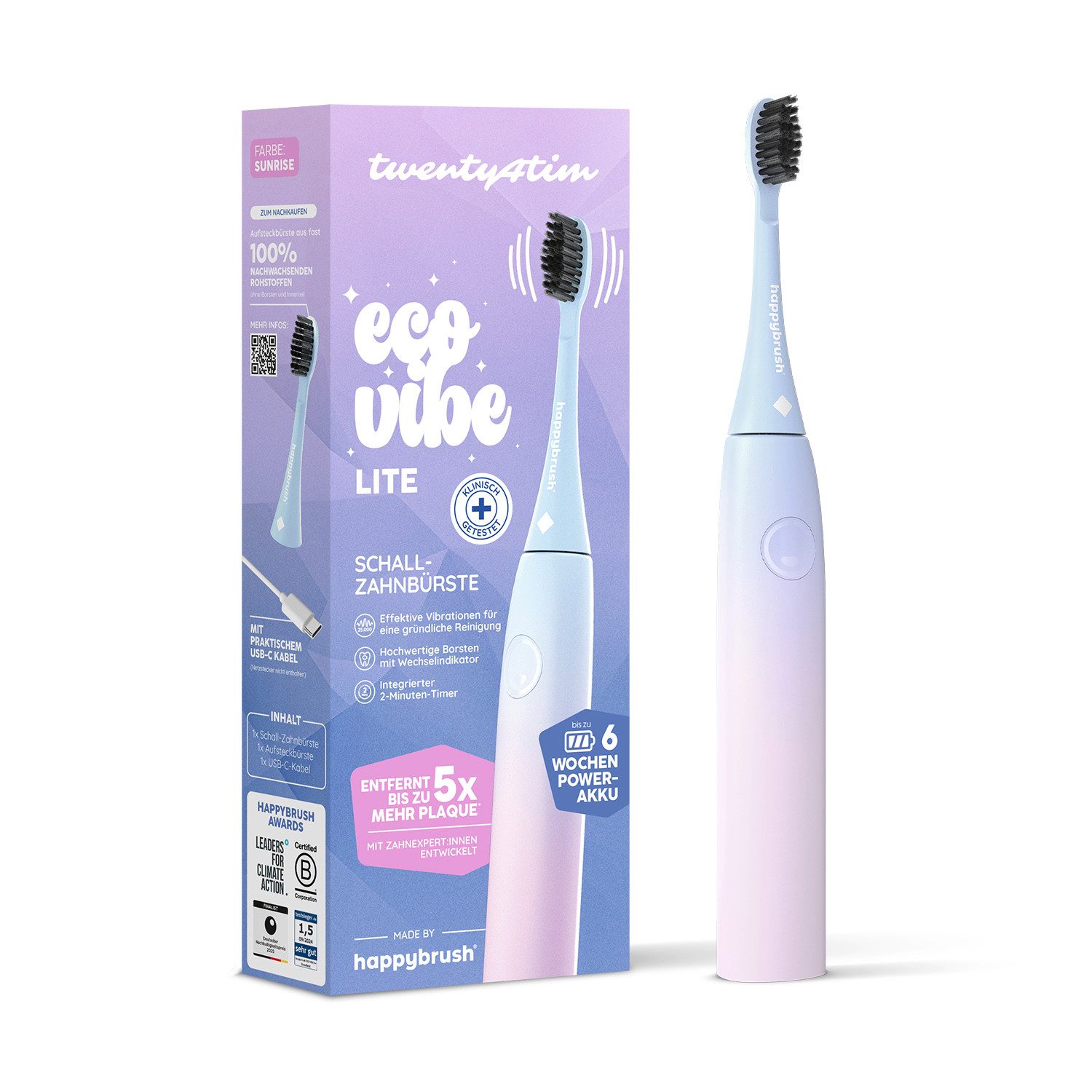 happybrush Schallzahnbürste Eco Vibe 3 Lite - 100 Tage Probeputzen - 8 Wochen Power Akku, Aufsteckbürsten: 1 St., Eco Vibe 3, 3 individuelle Putz-Modi, Schalltechnologie