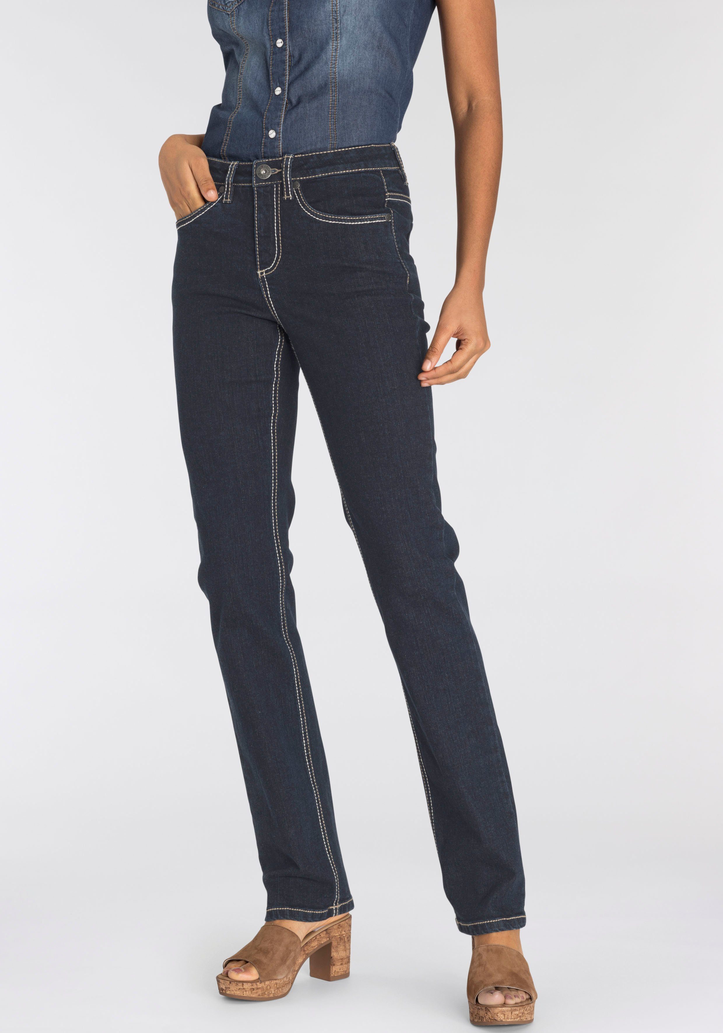 Comfort-Fit Gerade Kontrastnähten High mit rinsed Waist Arizona Jeans