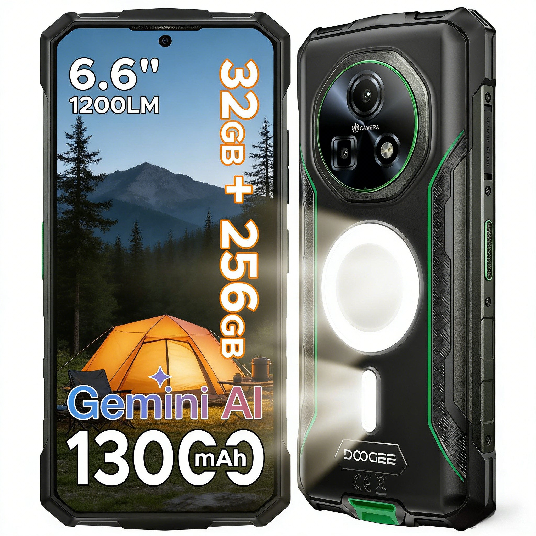 DOOGEE Fire 5 Ultra Outdoor Handy, 256GB ROM, 13000mAh, 1200LM Dual Smartphone (16,7 cm/6.6 Zoll, 256 GB Speicherplatz, 48 MP Kamera, 6.6" HD+90Hz, 48MP Kamera, 8GB RAM, Android 15, AI, NFC, GPS)