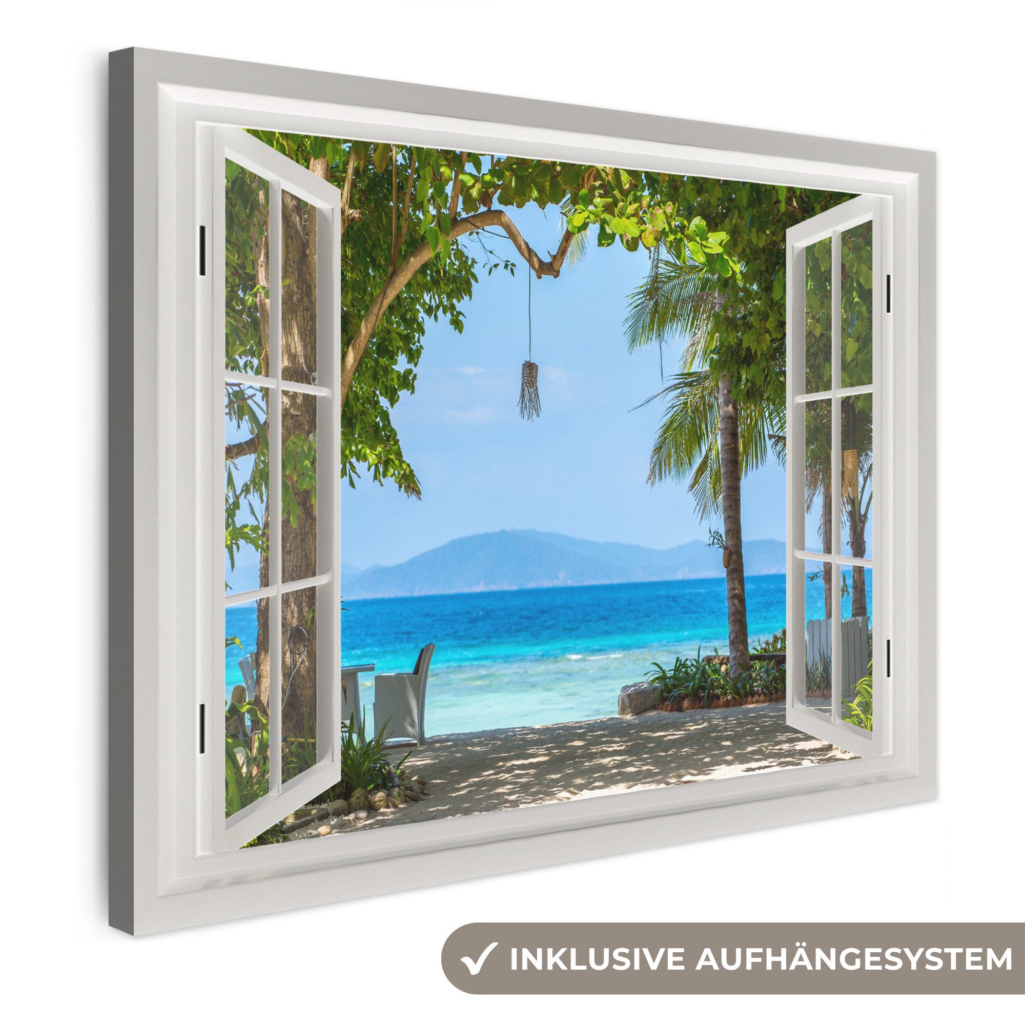 OneMillionCanvasses® Leinwandbild Aussicht - Baum - Meer - Palme - Hügel - Strand - Blau, Fotodruck (1 St), Wandbild, Deko Schlafzimmer Wohnzimmer Flur 70x50 cm