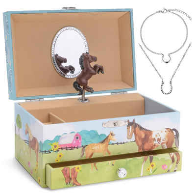 Jewelkeeper Spieluhr Pferd-Spieluhr & Mädchenschmuck-Set - 3 Geschenke für Mädchen, Grün Pferd Blau Und Grünholzwerkstoff