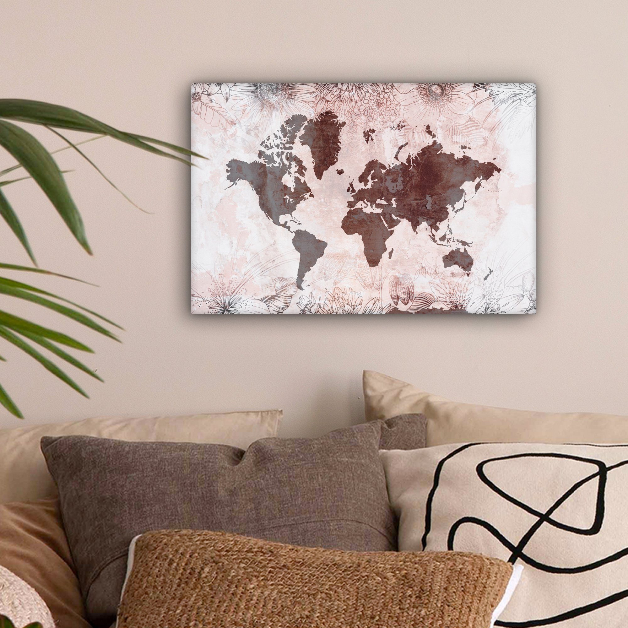 OneMillionCanvasses® Leinwandbild Weltkarte - Vintage - Rot, Fotodruck (1 St), Leinwand Bilder Klein, Wand Dekoration Aesthetic 30x20 cm