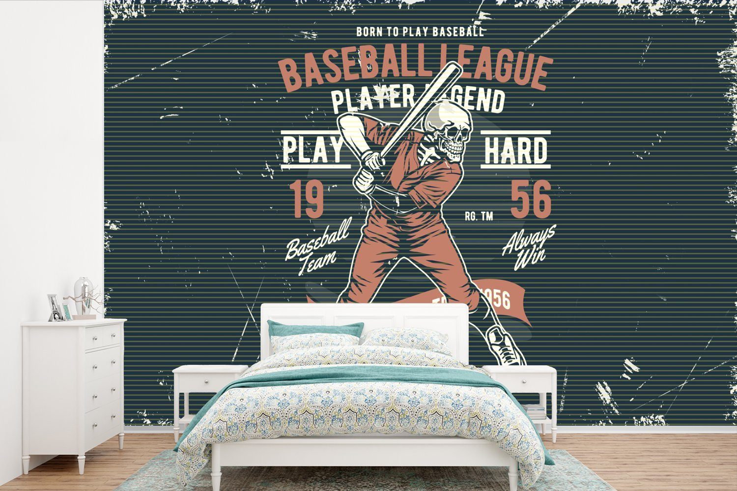 MuchoWow Fototapete Jahrgang - Skelett - Baseball, Matt, bedruckt, (6 St), Wallpaper für Wohnzimmer, Schlafzimmer, Kinderzimmer, Vinyl Tapete