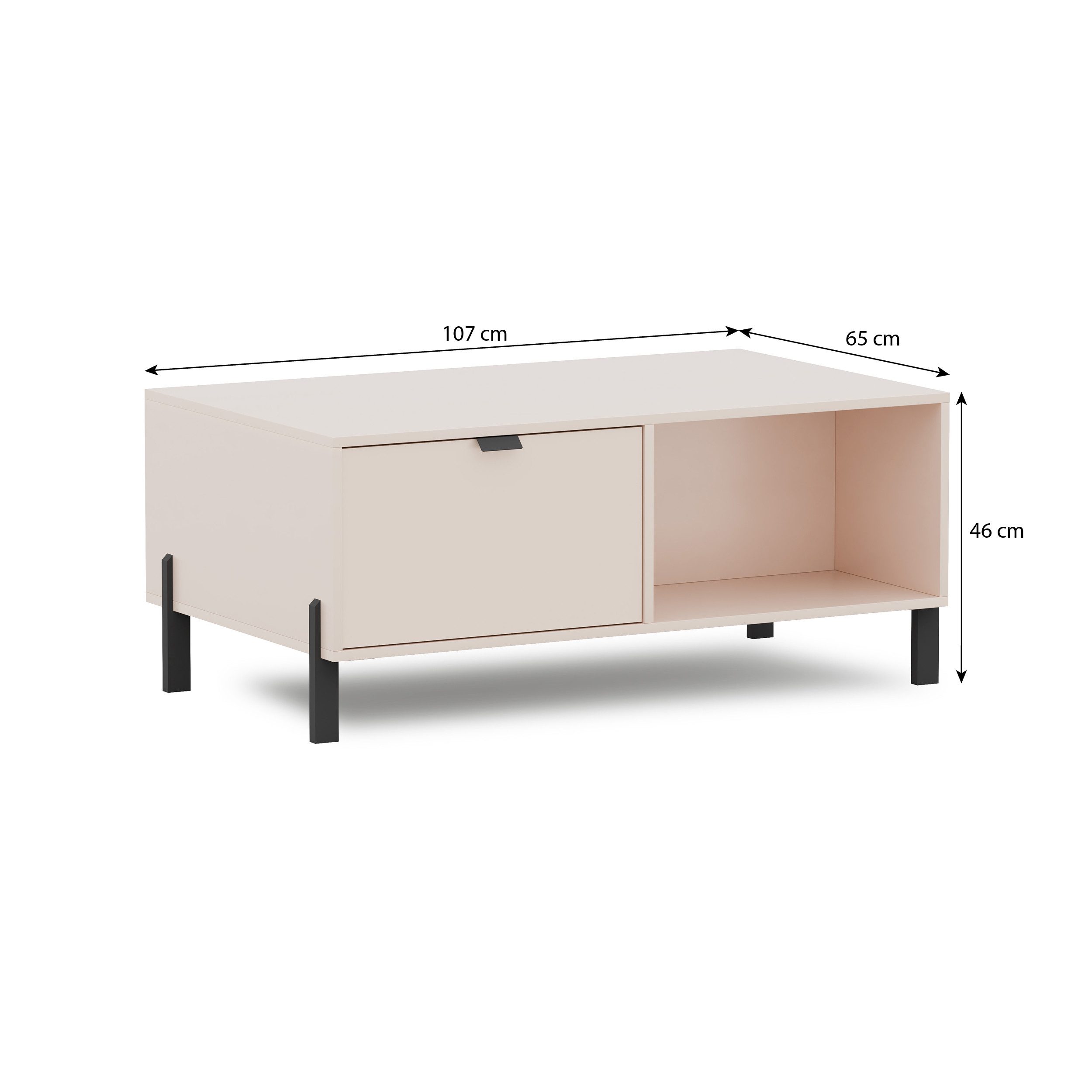 Beautysofa Couchtisch CORTINA Kaffeetisch mit 1 Schublade (Farbe Sandbeige, mit Metallgriffen und Füßen), Breite: 107 cm
