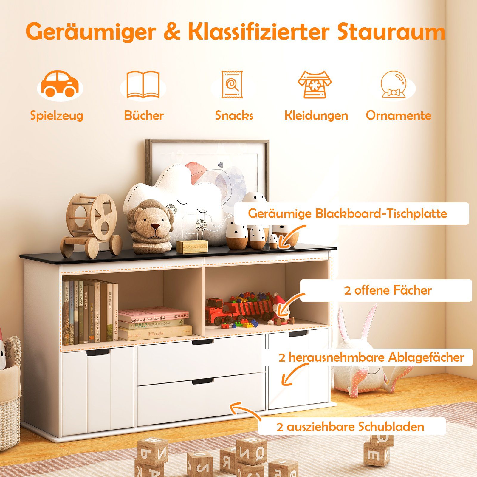 COSTWAY Bücherregal, mit 4 Schubladen, Tafelplatte, günstig online kaufen