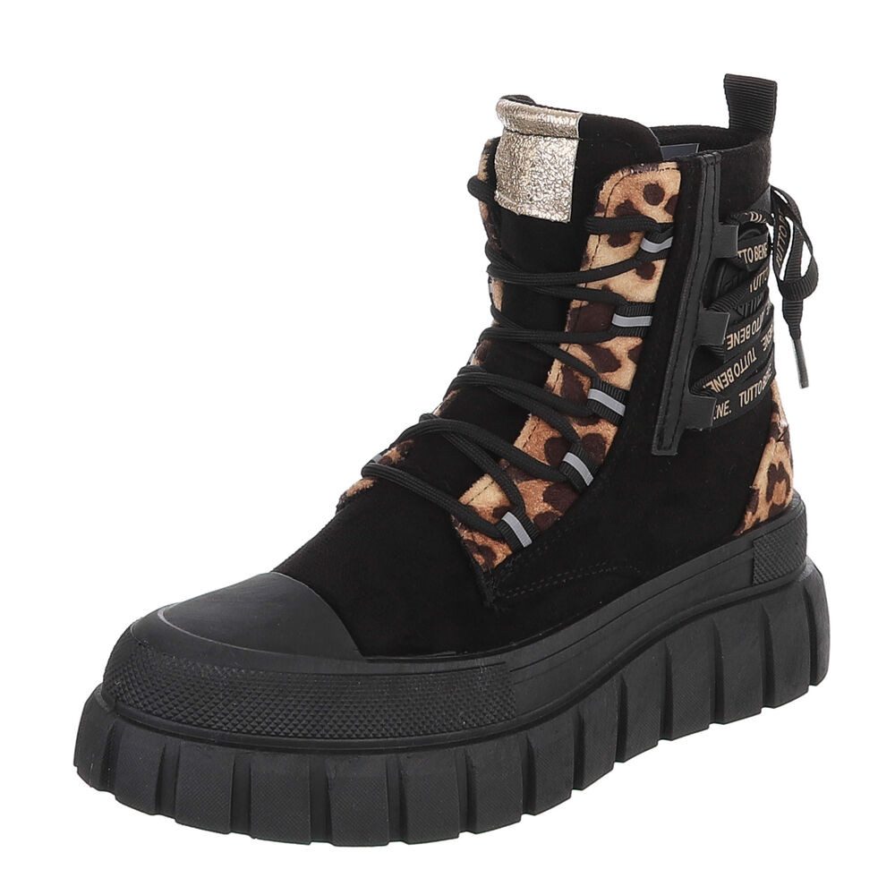 Ital-Design Damen Plateau-Bootie mit Schnürung und Riemen-Details Schnürstiefelette (92078946) Keilabsatz/Wedge Sneakers High in Schwarz