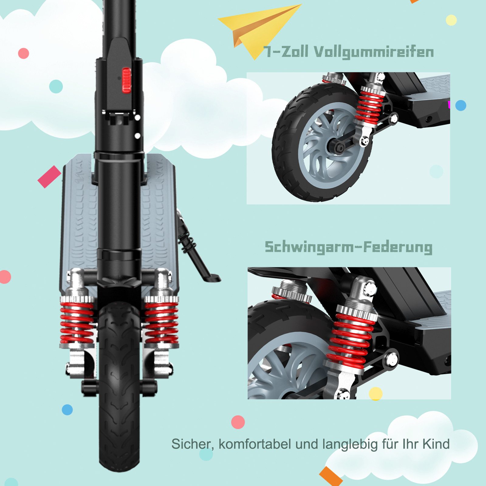 RCB Elektro-Kinderroller R12 MAX,Vorderradfederung,7''Vollgummireifen,höhenverstellbar 96-110cm, Belastbarkeit 60 kg, Schwingarm-Federung,Faltmechanismus mit zwei Sicherheitsverriegelungen