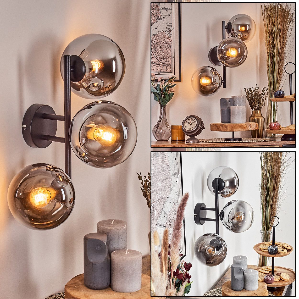 hofstein Wandleuchte Wandlampe aus Metall/Glas in Schwarz/Chrom-/Rauchfarben/Klar, moderne Leuchte im Retro/Vintage-Design (Schirme Ø 15 cm), E14