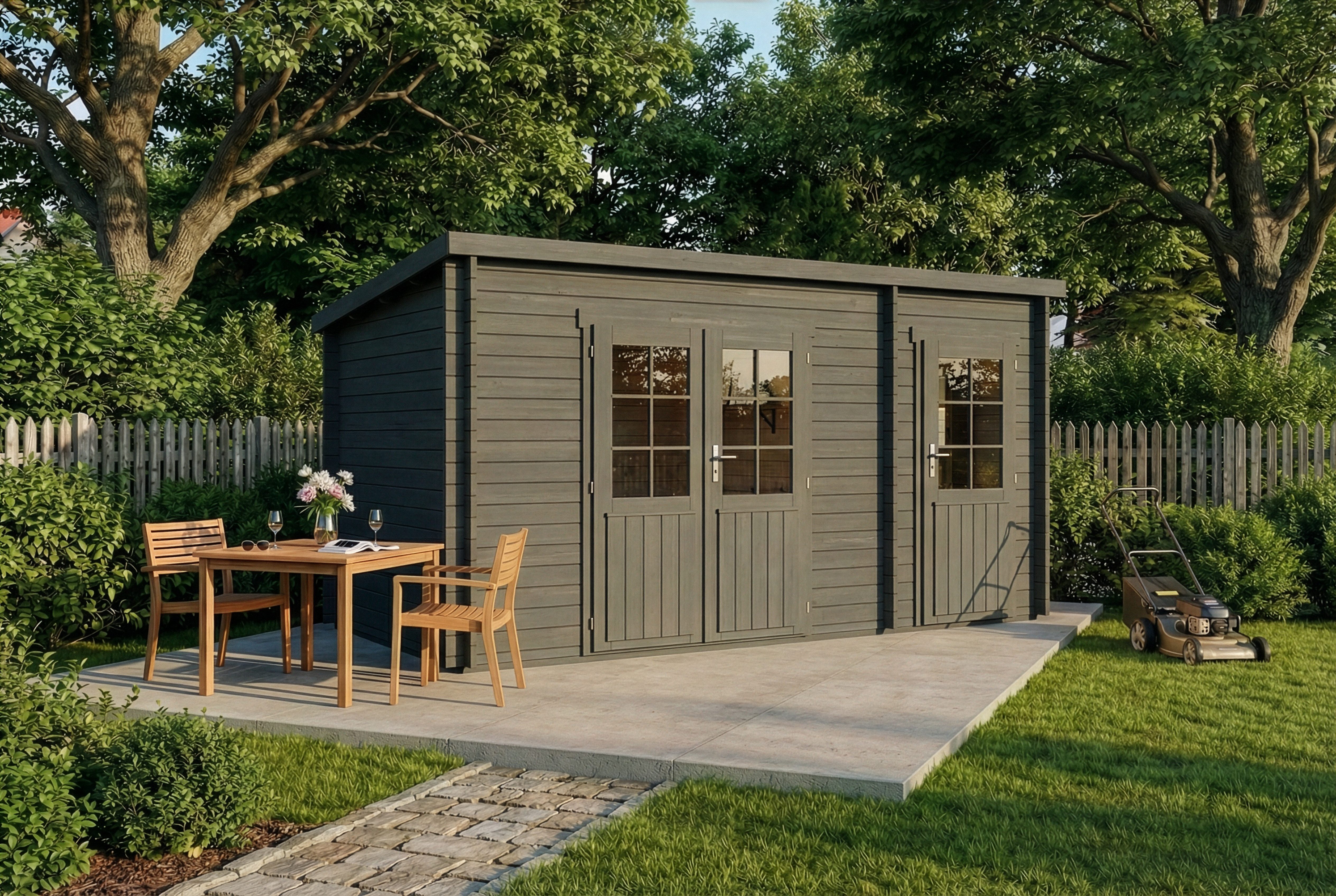 Alpholz Gartenhaus Holz Maria mit Anbau, BxT: 450x272 cm, in Imprägniert (Grau) mit 40mm Wandstärke