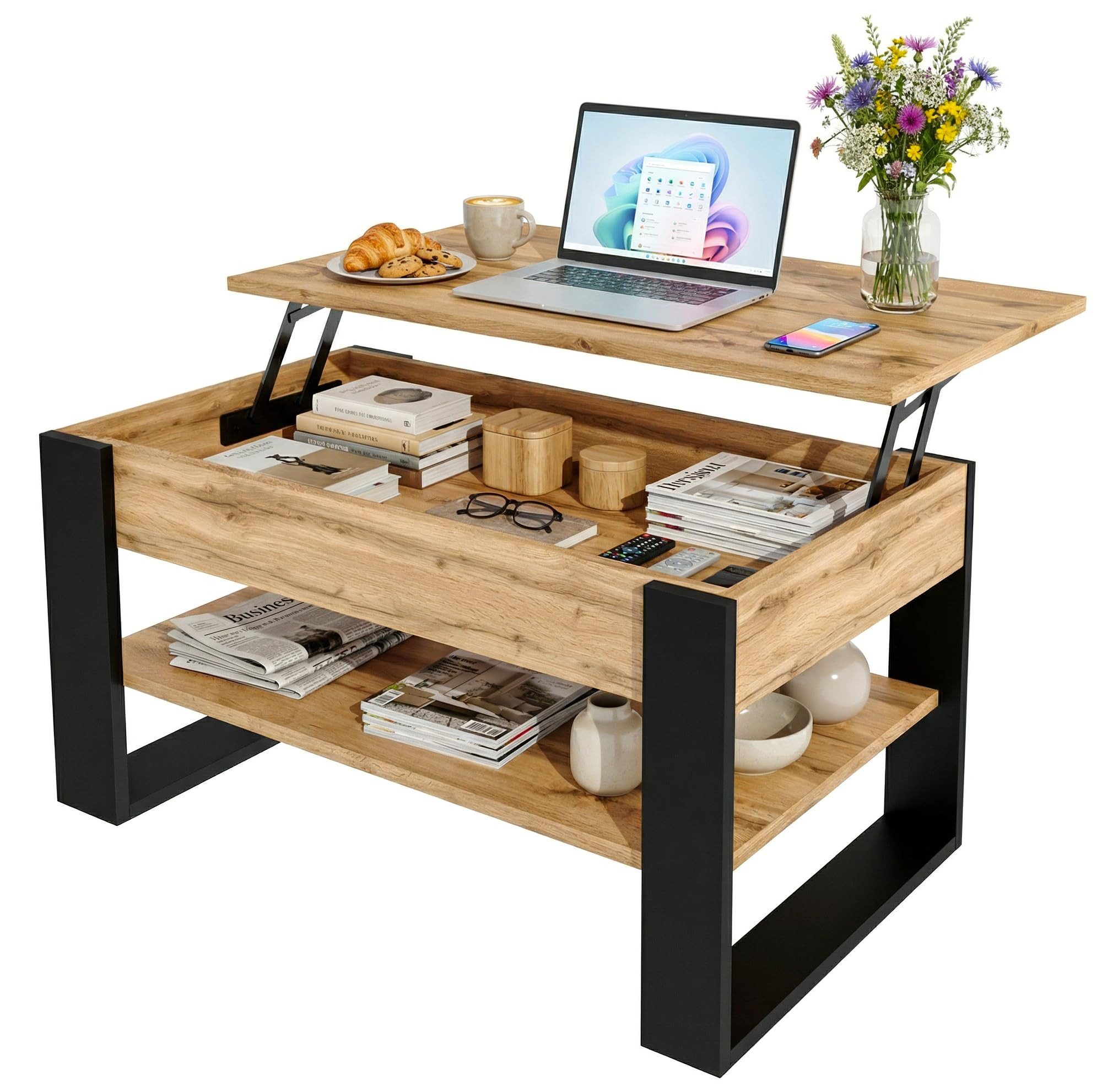 TREND WERK Couchtisch Lift-Couchtisch höhenverstellbar Sofatisch 92×54 cm mit Stauraum, verstecktem Fach Wohnzimmertisch Holz modern