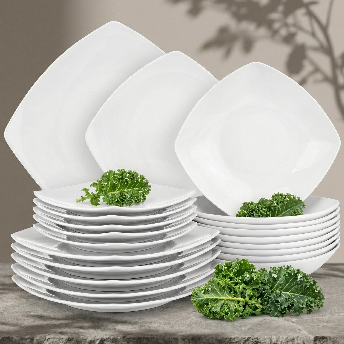 KONSIMO® Tafelservice CARLINA Dessertteller Suppenteller Speiseteller (18-tlg), 6 Personen, Porzellan, Spülmaschinen- und Mikrowellengeeignet, quadratisch