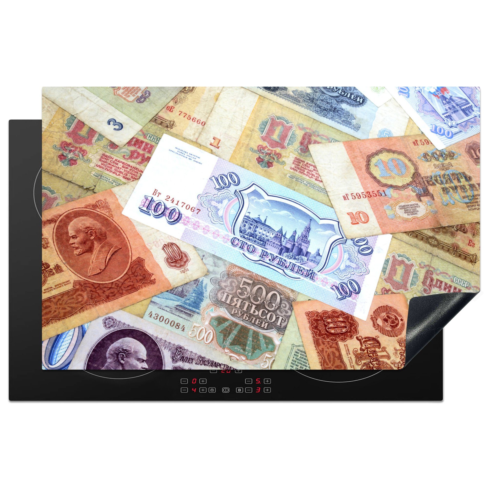MuchoWow Herdblende-/Abdeckplatte Die Geldscheine eines russischen Rubels übereinander, Vinyl, (1 tlg), 81x52 cm, Induktionskochfeld Schutz für die küche, Ceranfeldabdeckung