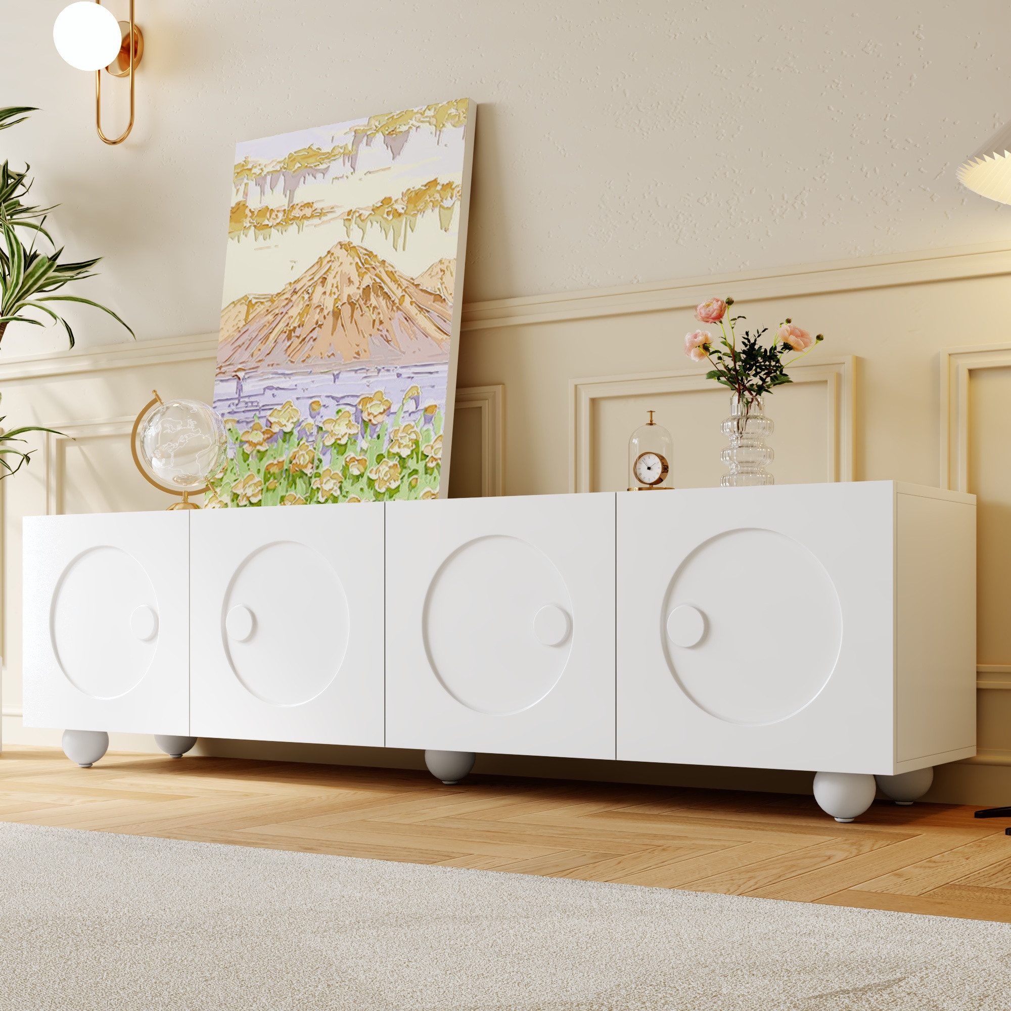 Merax Lowboard in Weiß (1 St., 180,5 x 38 x 50cm), TV-Schrank mit 4 3D-Rundrelief-Türen, Standfuß & Stauraum