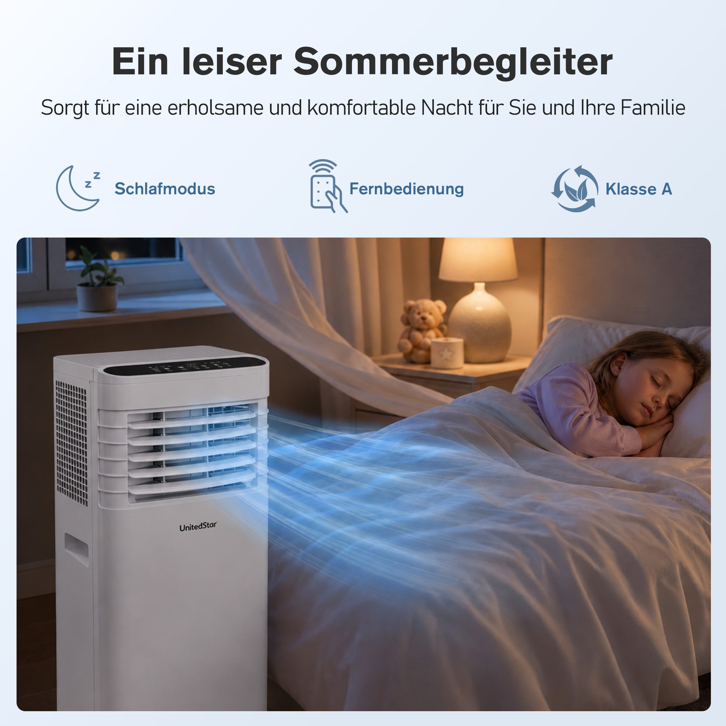 Vankel 3-in-1-Klimagerät 7000 BTU, Mobile Klimaanlage mit Schlafmodus und Fernbedienung, Angenehme Kühle für Schlafzimmer, Wohnzimmer und Homeoffice