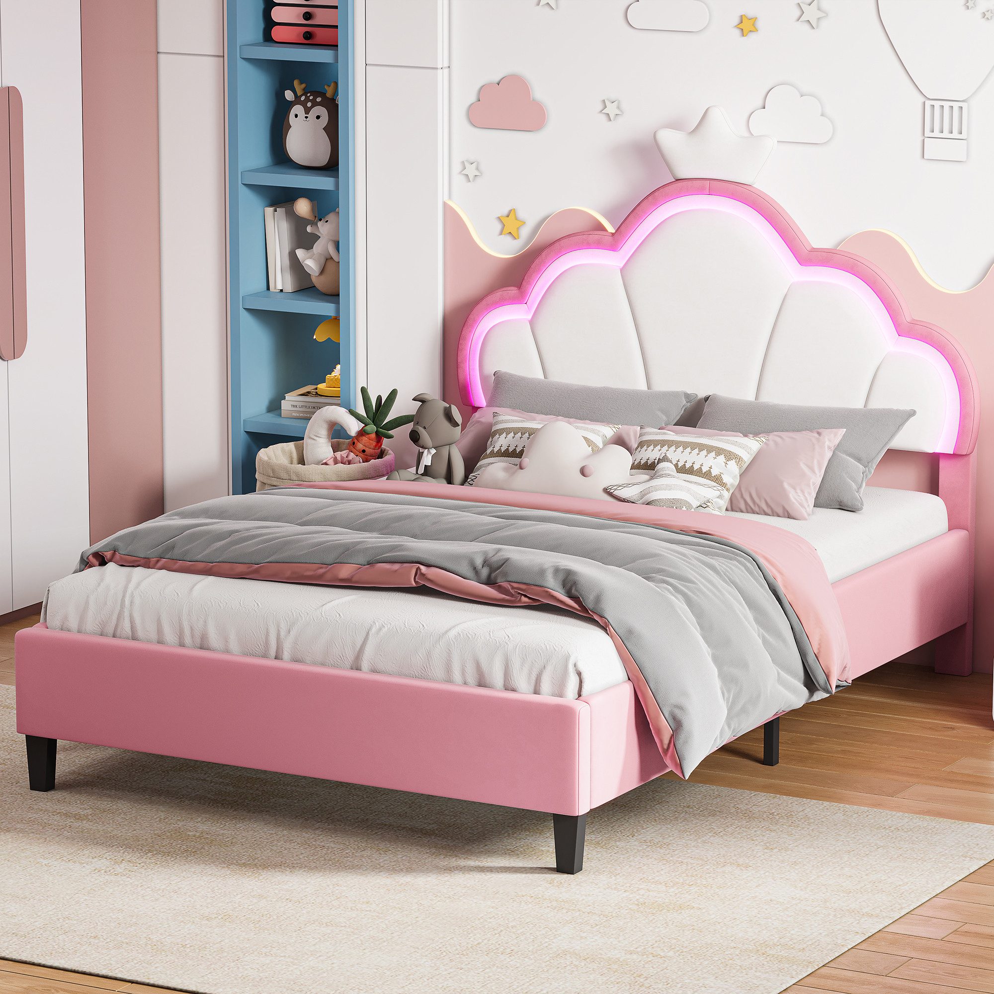 Furnishings Home Kinderbett Polsterbett Prinzessinnenbett Kronenform LED (1-tlg., Geeignet für Jugendliche und Kinder), Mit Lattenrost, Komforthöhe, LED-Beleuchtung, Samt, 90x200 cm