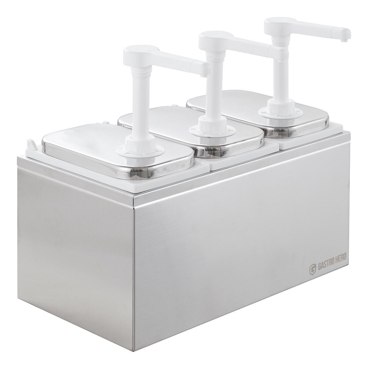 GastroHero Servierständer Saucenspender 3x2 Liter, Edelstahl, Ketchup, Mayonnaise, Imbiss Gastro, Edelstahl/PP, Robuste Dosierpumpe, langlebige Dosierhebel, hygienisch