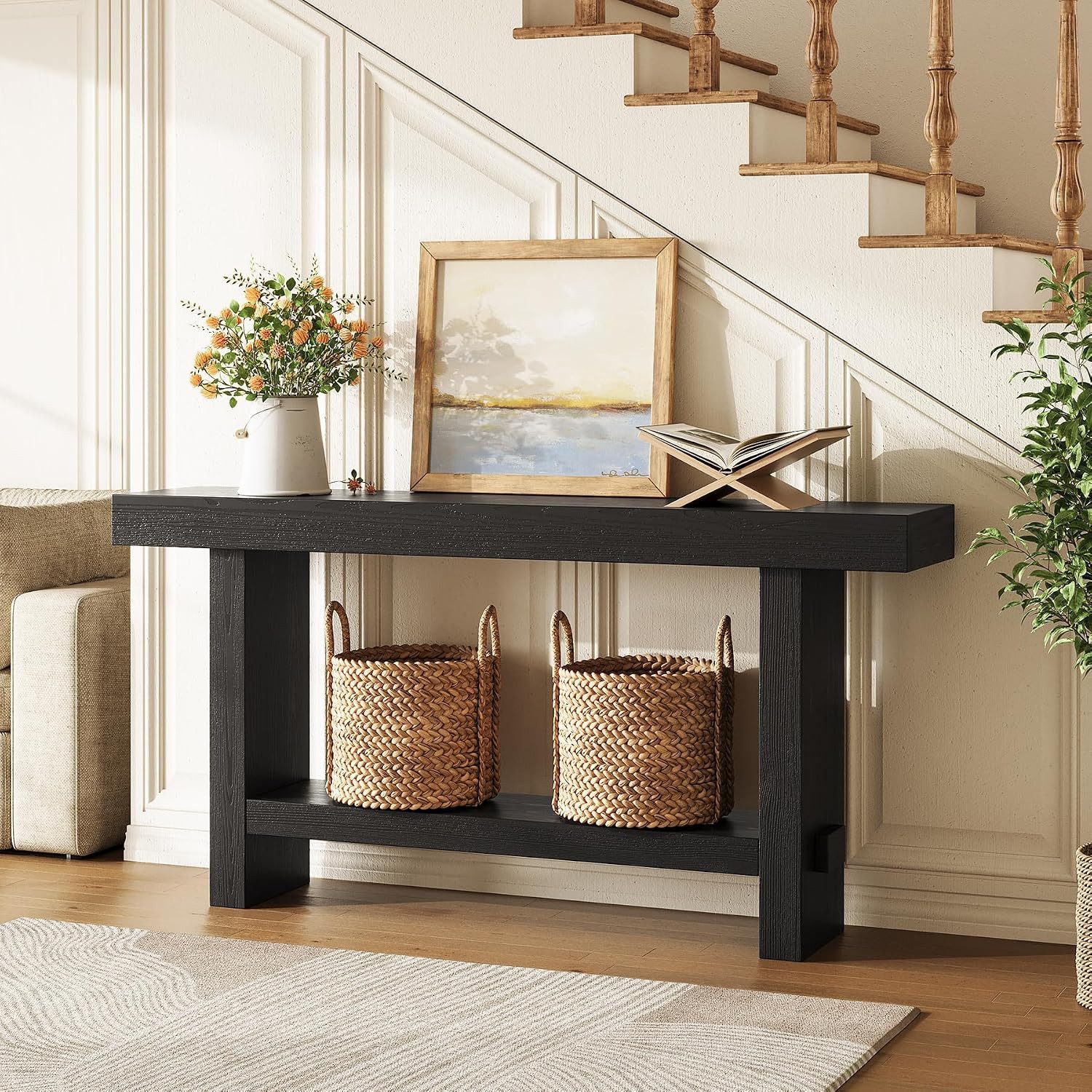 Tribesigns Konsolentisch Konsoltisch 160 cm Massivholz 2‑Ebenen Landhausstil Schwarz für Flur – Bild 5 von 5