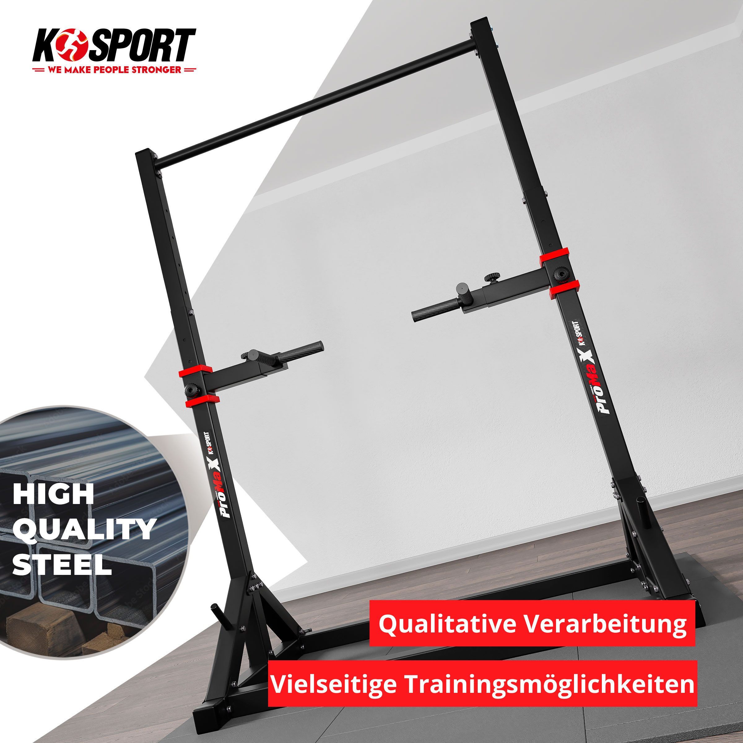 K-SPORT Kraftstation mit integrierter Dip-Station bis 140kg, (Stationäre Pull-Up Bar & Gewichtsablage, Klimmzugturm für Muskeltraining, Pull Up Mate), Made in EU!