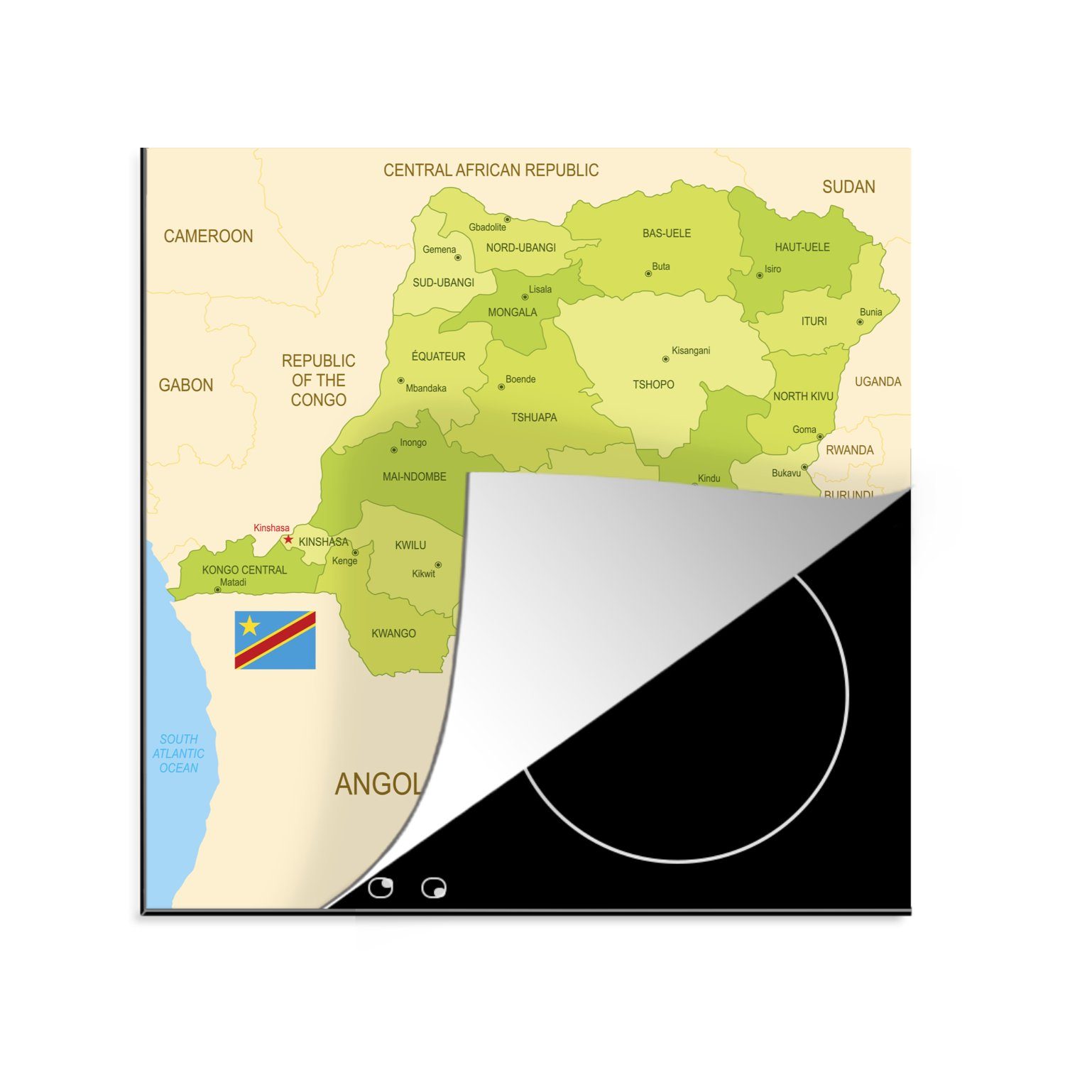 MuchoWow Herdblende-/Abdeckplatte Illustration von Kongo-Kinshasa auf einer grünen Karte, Vinyl, (1 tlg), 78x78 cm, Ceranfeldabdeckung, Arbeitsplatte für küche