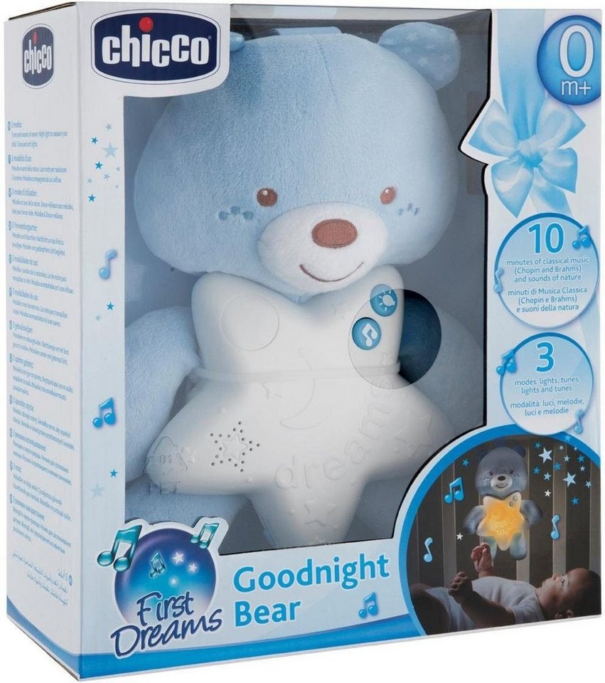 Chicco Kuscheltier Gute Nacht Bärchen, Blau, mit Licht und Sound