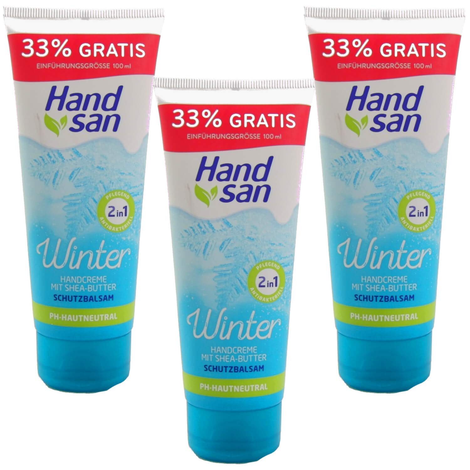 Handsan Handcreme 3x 100ml Handsan Winter Handcreme 2in1 I mit Shea & Cocoa Butter, 3-tlg., 24h Feuchtigkeit mit Shea & Cocoa Butter PH Neutral