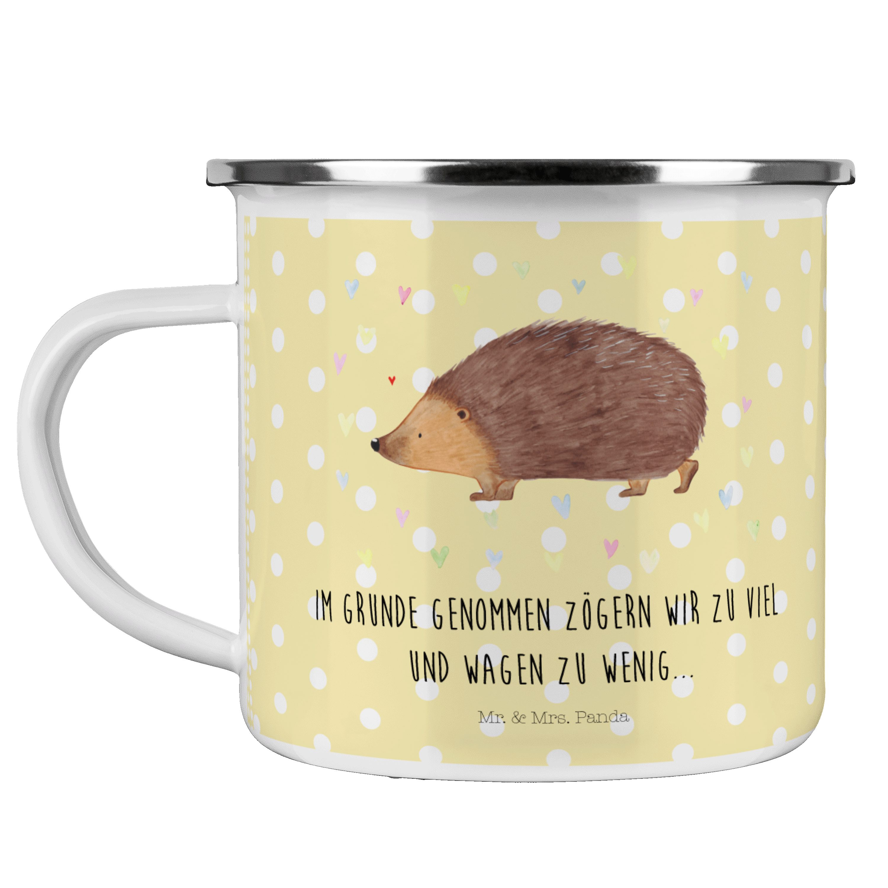 Mr. & Mrs. Panda Becher Igel Herzen - Gelb Pastell - Geschenk, Blechtasse Outdoor, Edelstahl, Emaille