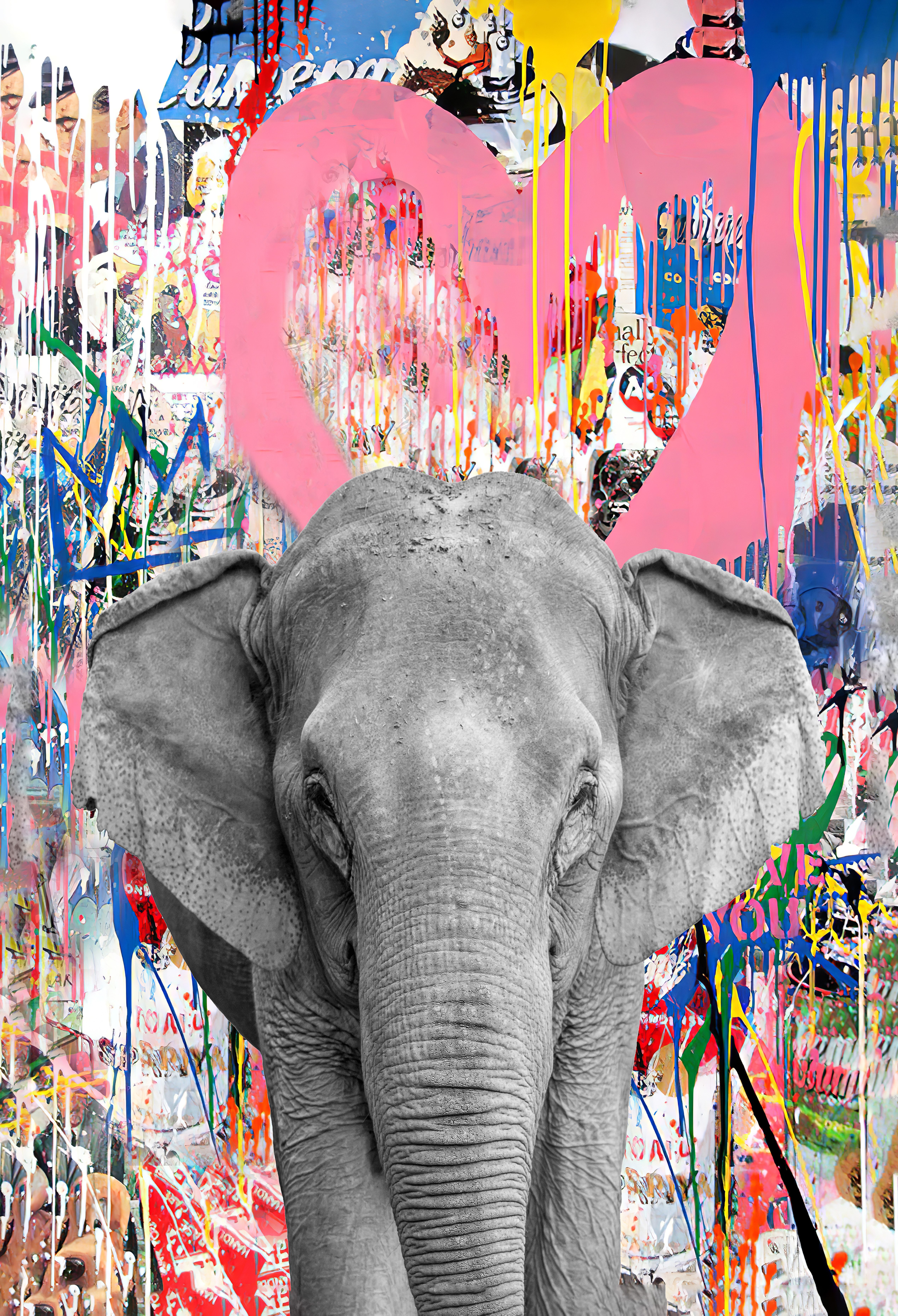 Affengeilebilder Poster Kunstdruck "Pop Art Elefant Pink" Bunte Collage Herz, Elefant, Posterdruck mit Elefant auf buntem Hintergrund Collage mit Herz
