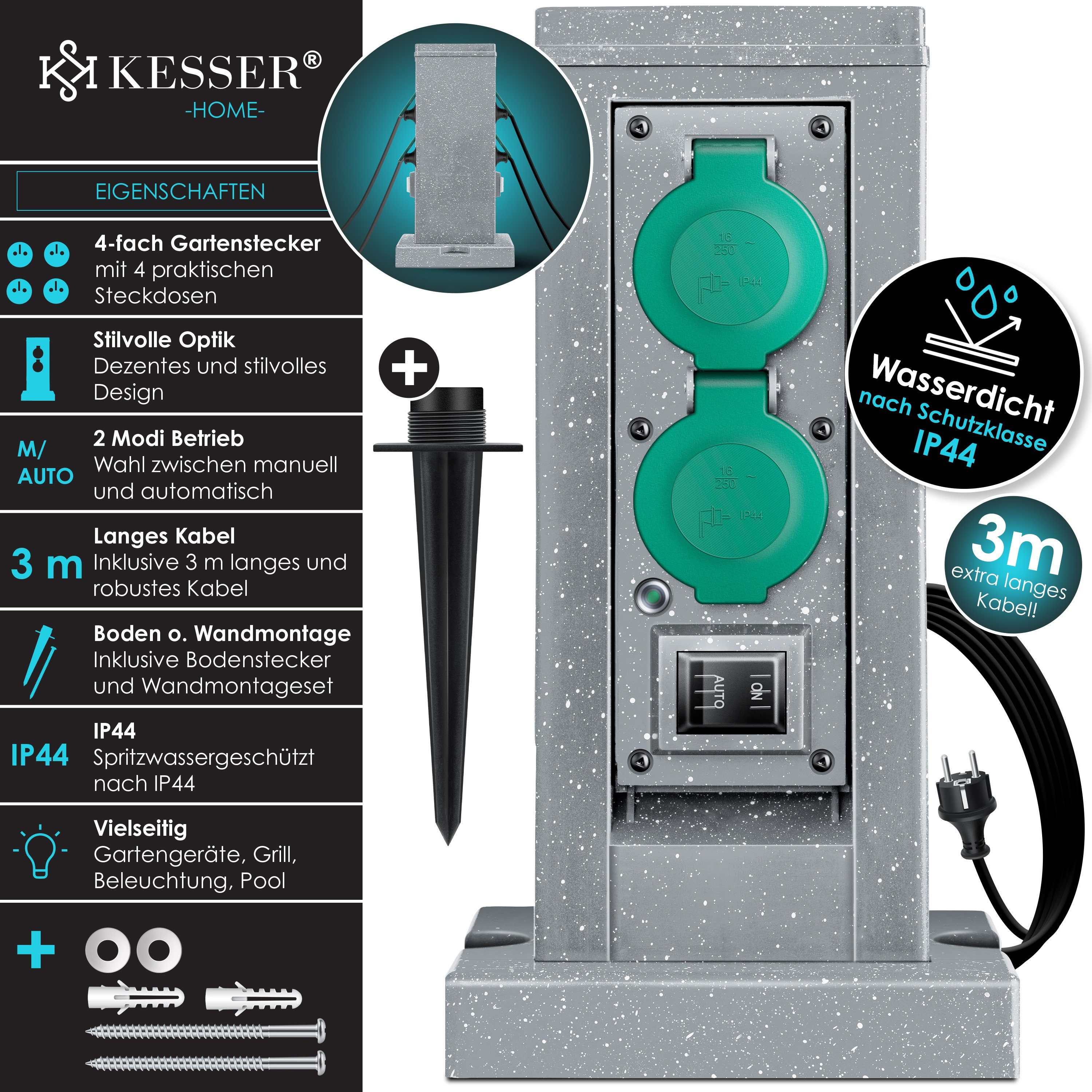 KESSER Gartensteckdose, Gartensteckdose Steinoptik mit Steckplätzen