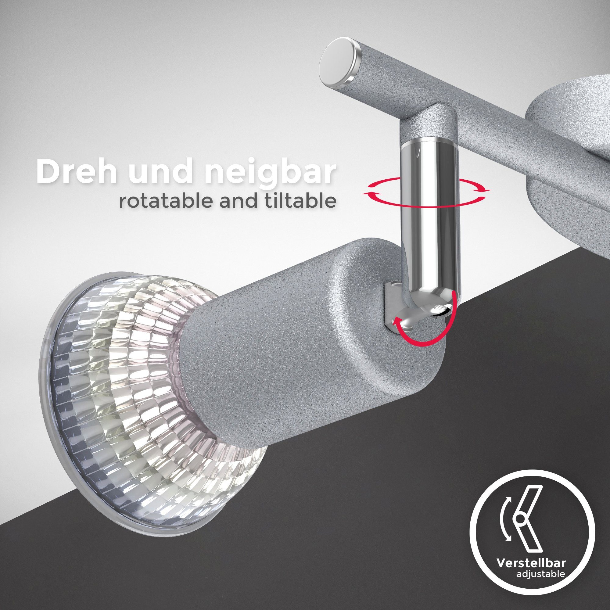 B.K.Licht Deckenspots LED Titanfarbig Neutralweißes Deckenleuchte, Licht, BK_DS1408 4.000K 5W, GU10-Leuchtmittel, 400Lm, 2x Schwenkbar, inkl. Neutralweiß, LED wechselbar, 2-Flammige, 2x