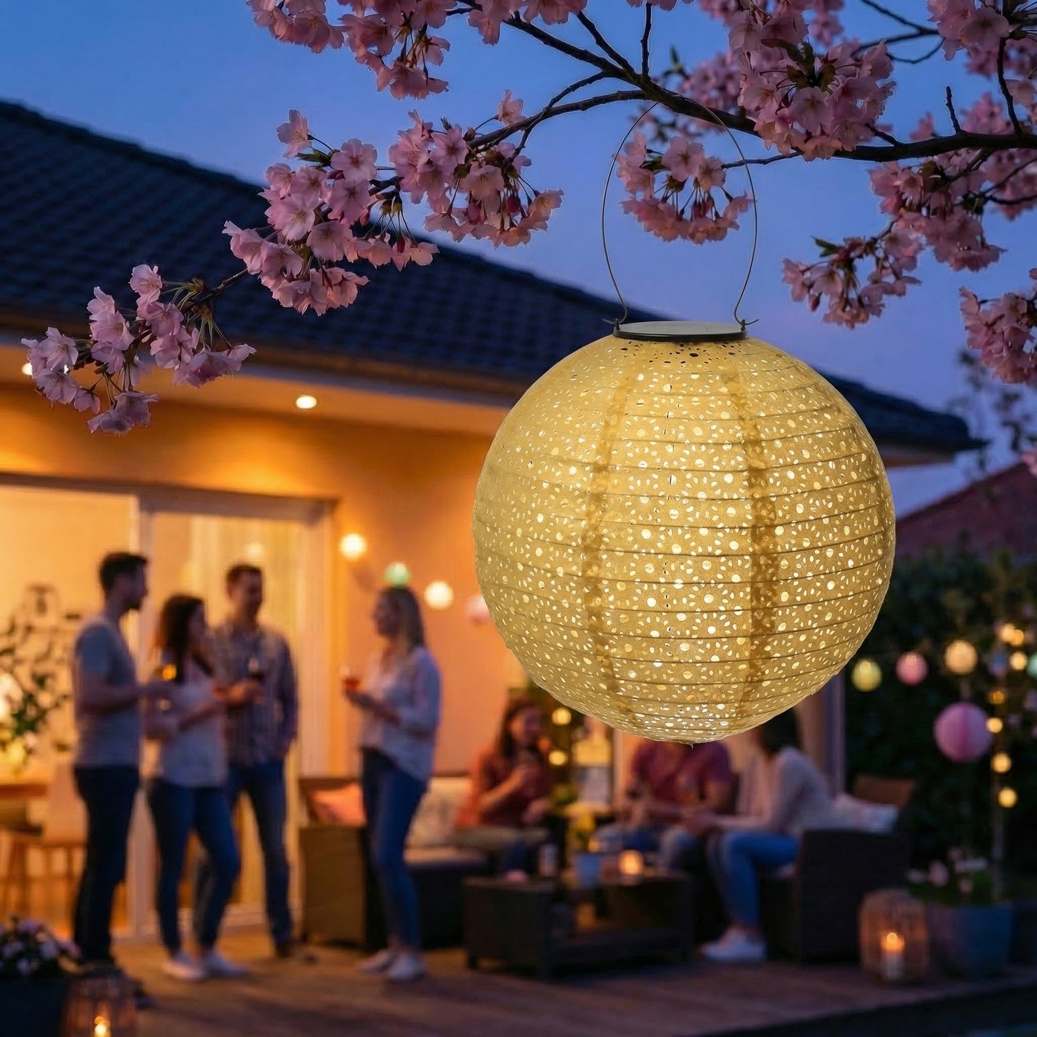 MARELIDA LED Lampion Solar Gartenlampion mit Blumenmuster gelb D:25cm Party Balkon Terrasse, LED Classic, warmweiß (2100K bis 3000K)