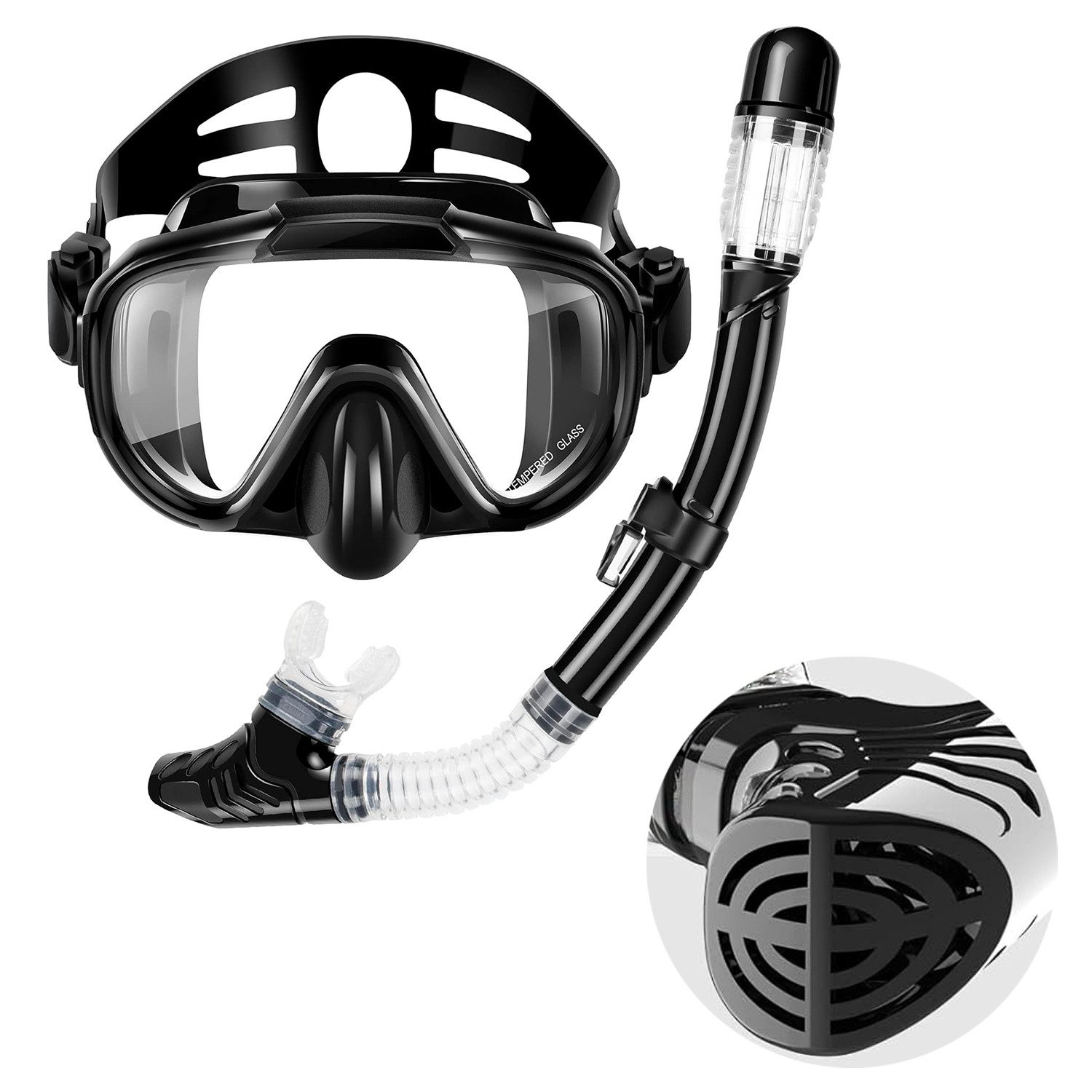OKWISH Schnorchel Schnorchelnset Taucherbrille Schnorchelmaske Tauchenset (Dry Top Silikonschnorchel verstellbar, Anti-Leck Anti-Fog Tauchmaske aus Gehärtetem Glas), für Schnorcheln Tauchen Urlaub Wassersport Reisen